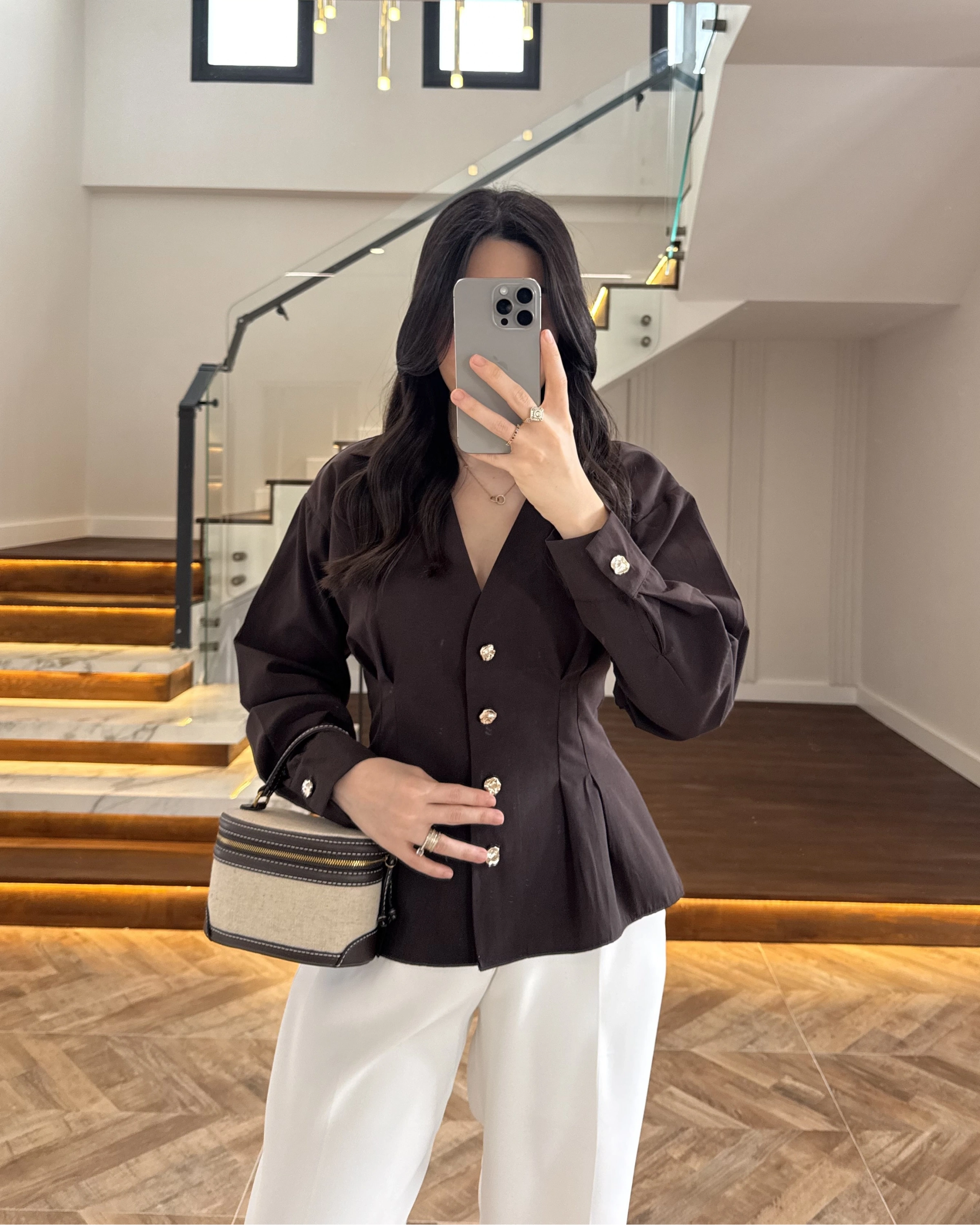 KAHVE PİLE DETAY V YAK GÖMLEK-2222