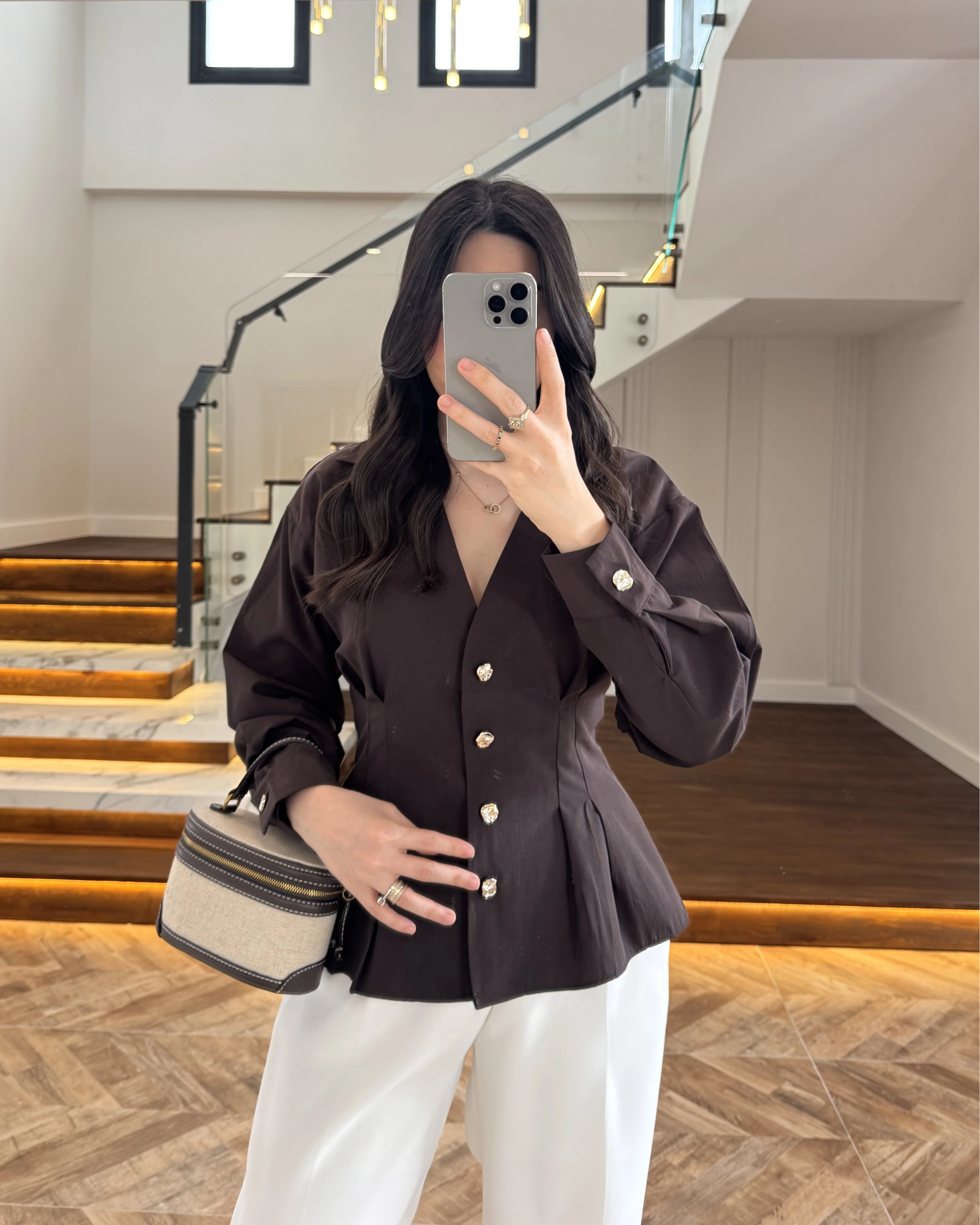 KAHVE PİLE DETAY V YAK GÖMLEK-2222