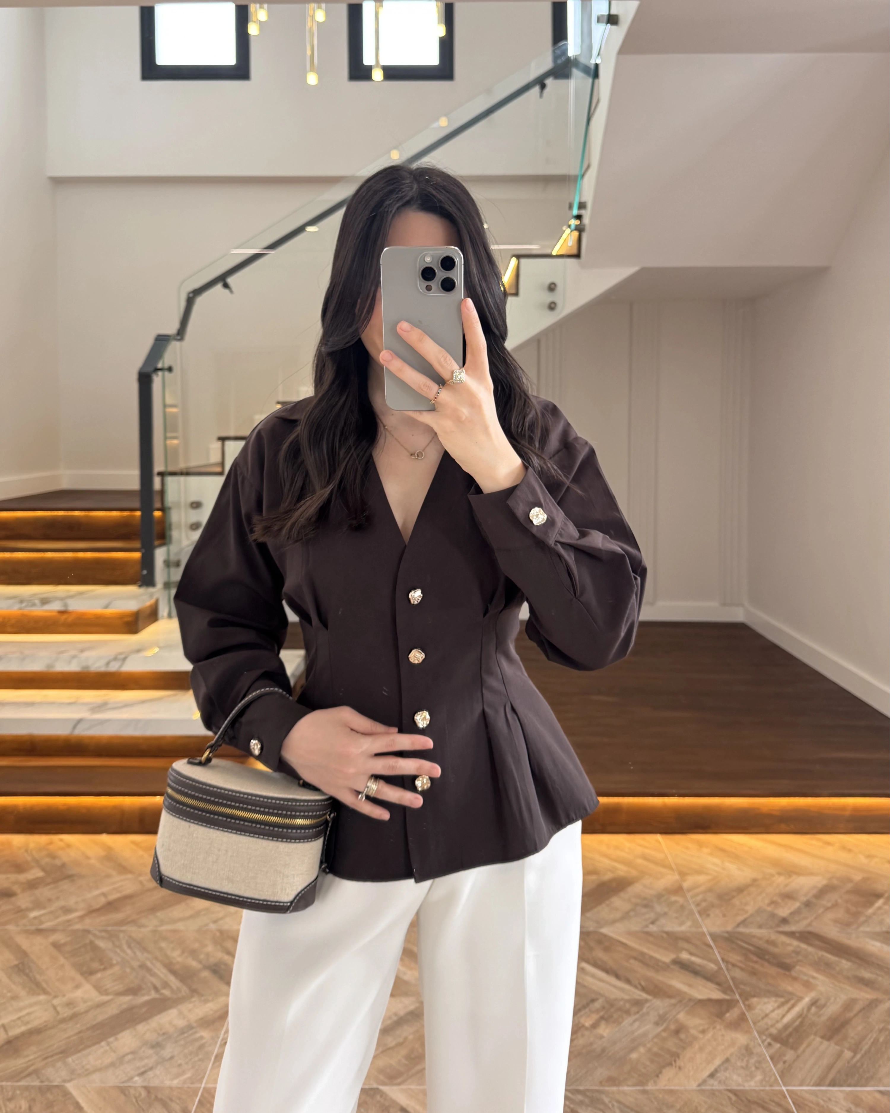 KAHVE PİLE DETAY V YAK GÖMLEK-2222