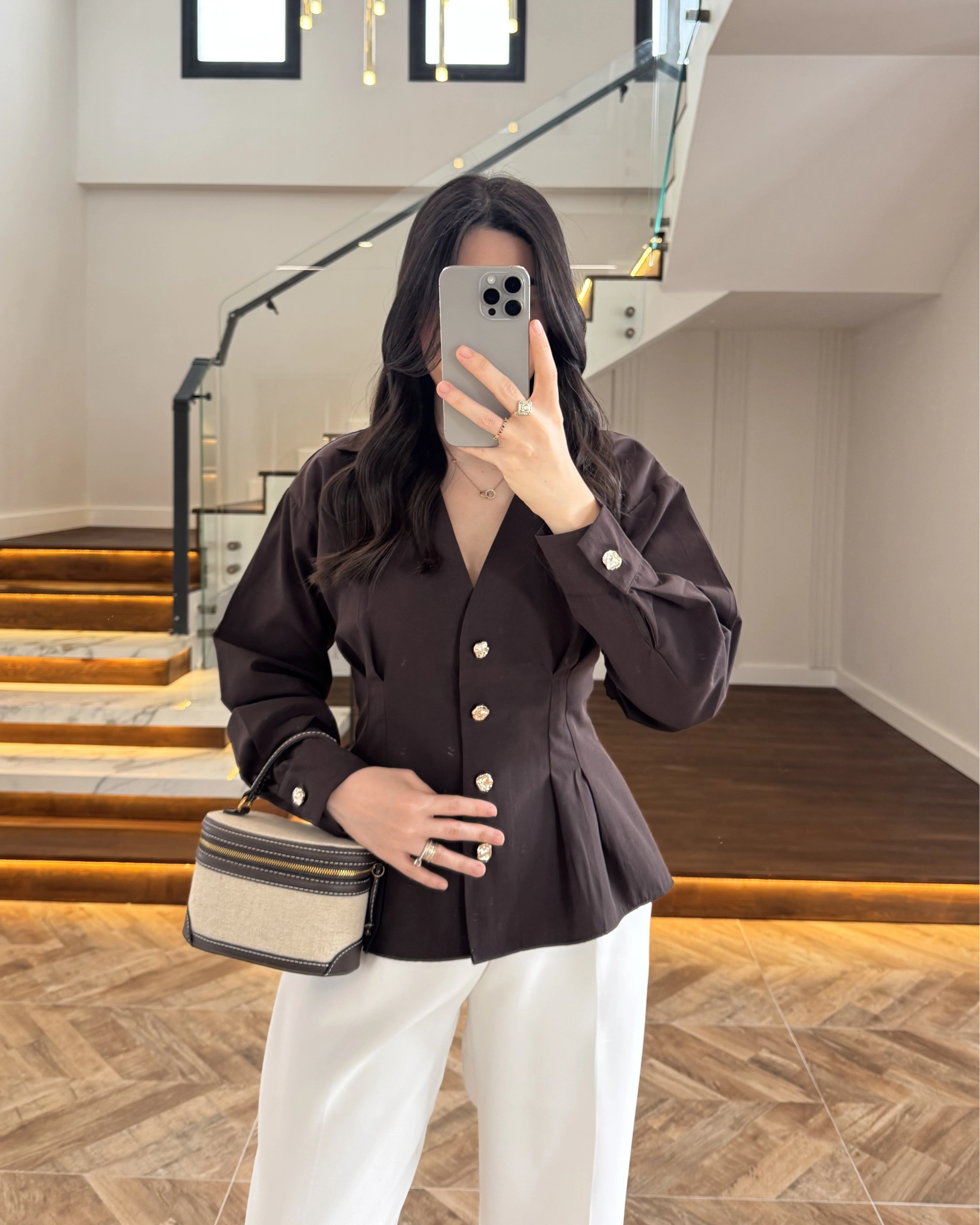 KAHVE PİLE DETAY V YAK GÖMLEK-2222