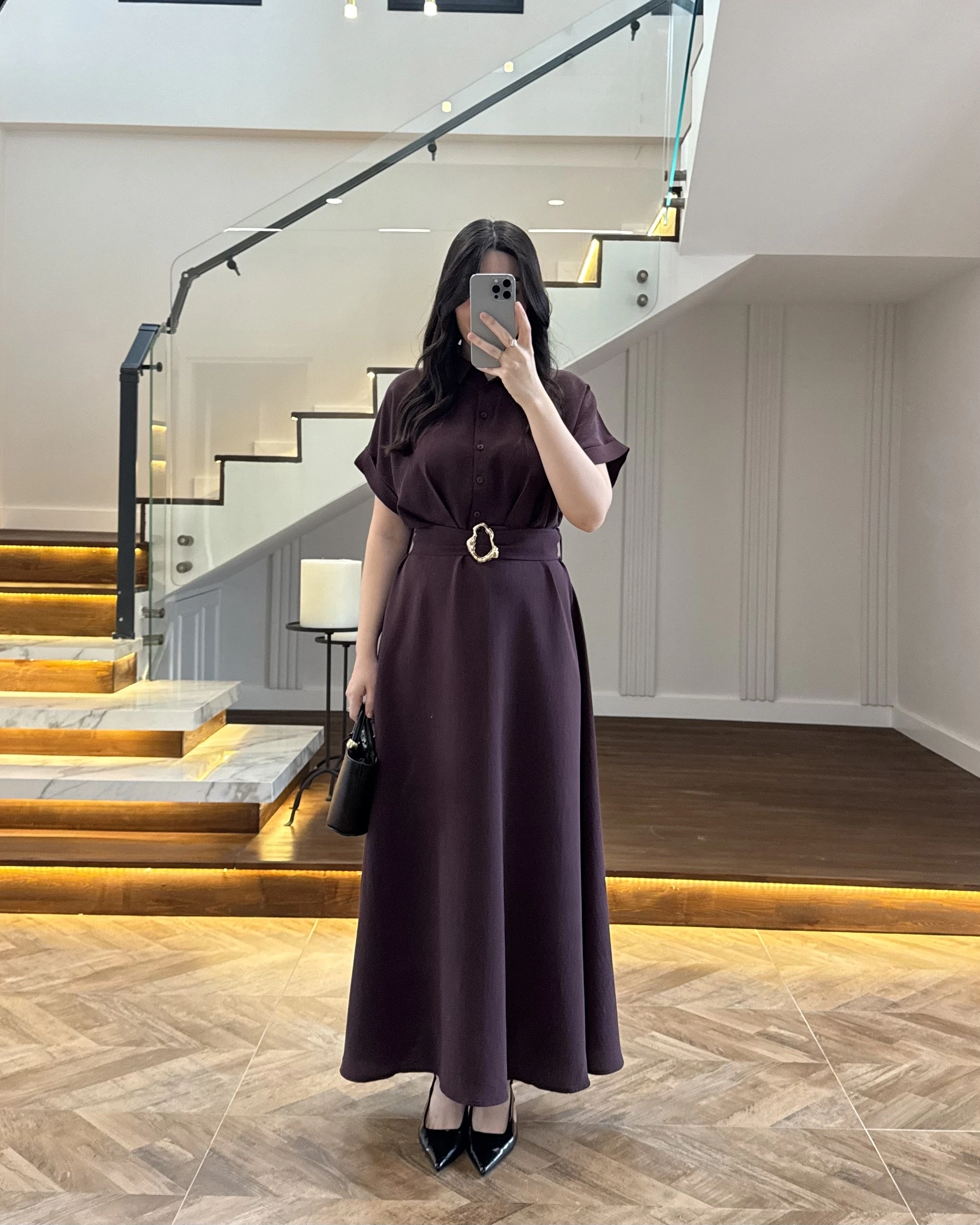 MÜRDÜM GOLD KEMER DETAYLI VİSKON ELBİSE -2376