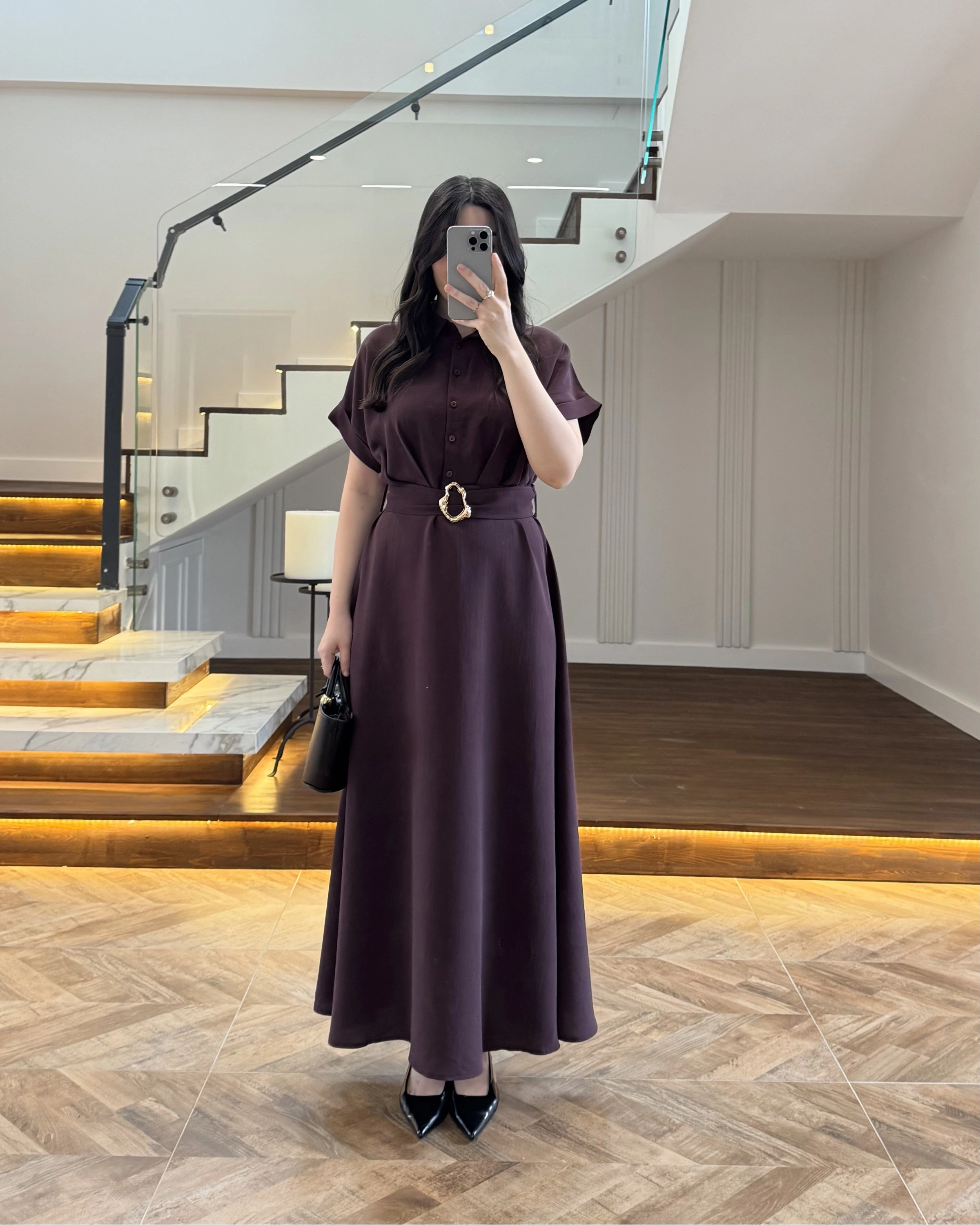 MÜRDÜM GOLD KEMER DETAYLI VİSKON ELBİSE -2376