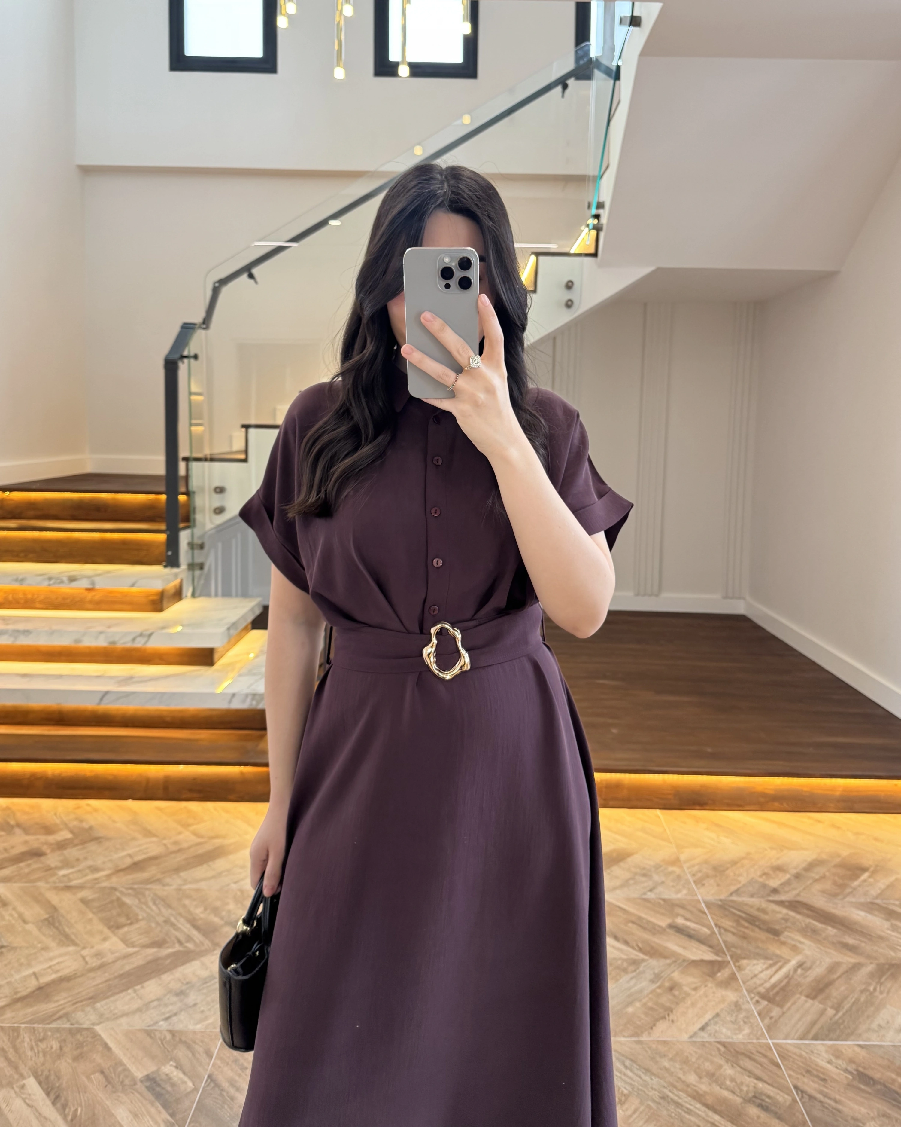 MÜRDÜM GOLD KEMER DETAYLI VİSKON ELBİSE -2376