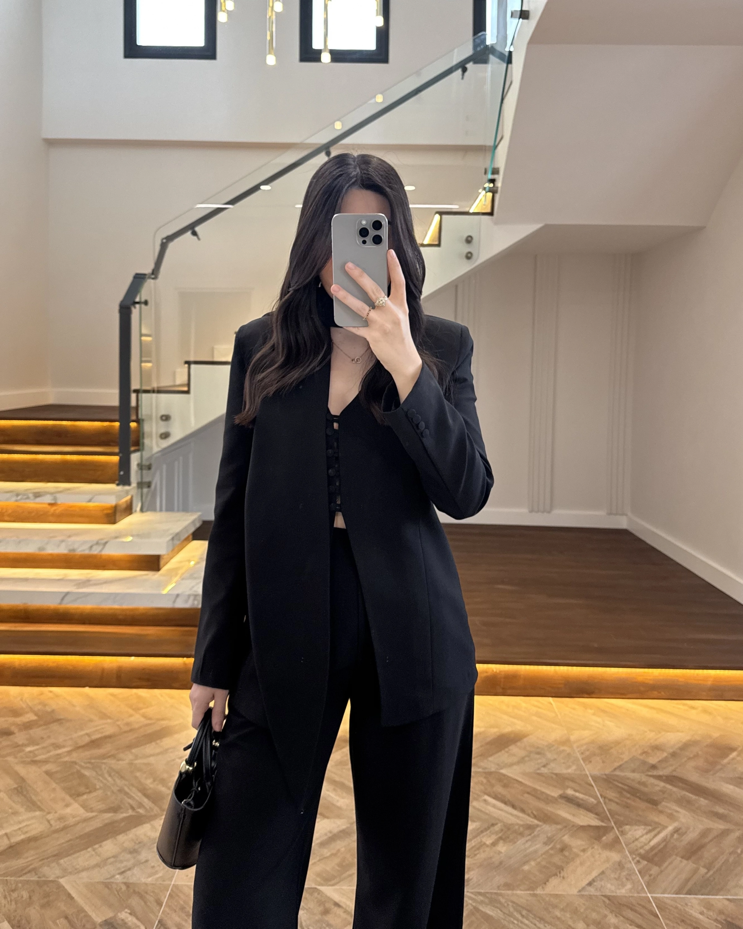 SİYAH FULAR DETAY VATKALI CEKET TAKIM-9046