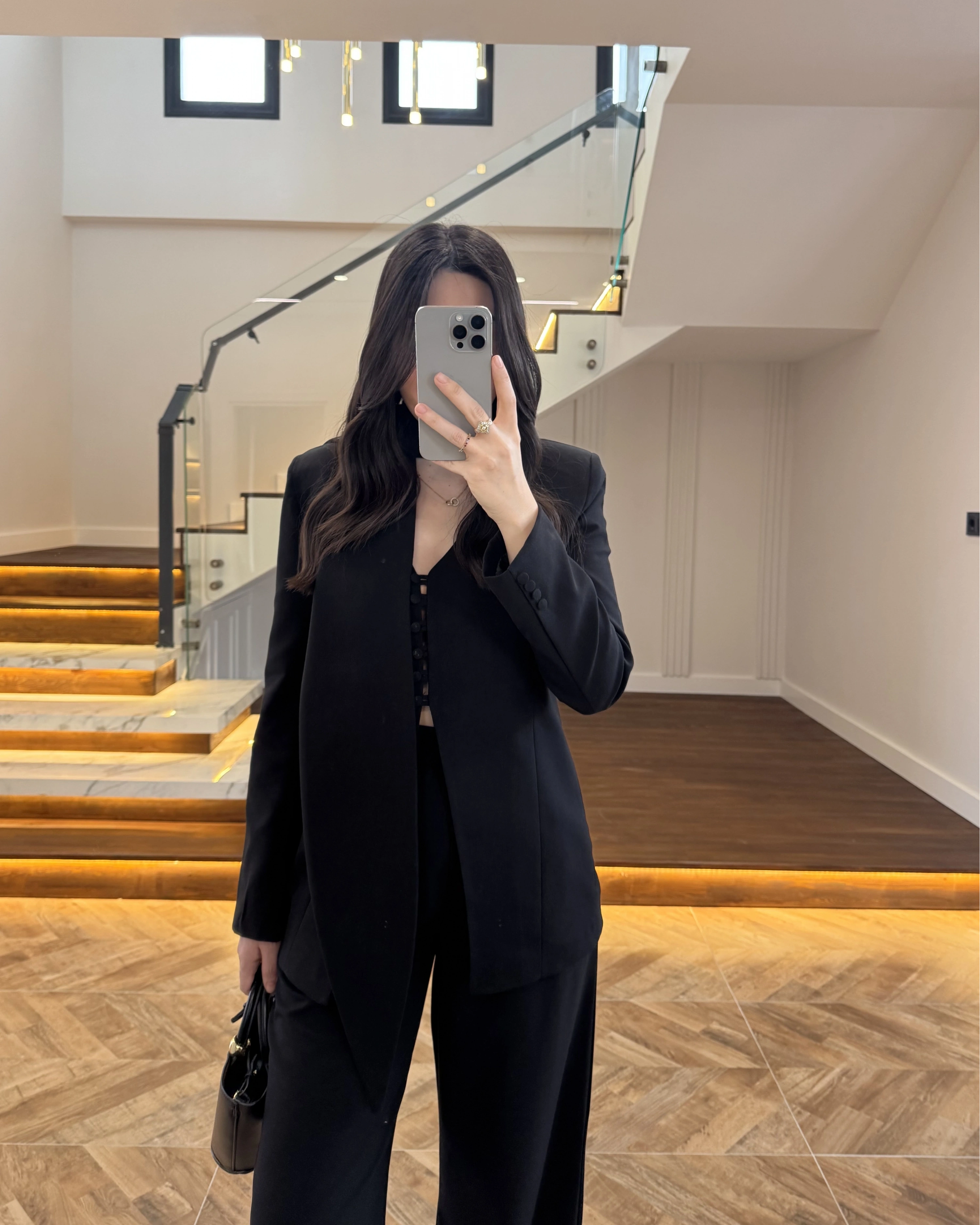 SİYAH FULAR DETAY VATKALI CEKET TAKIM-9046