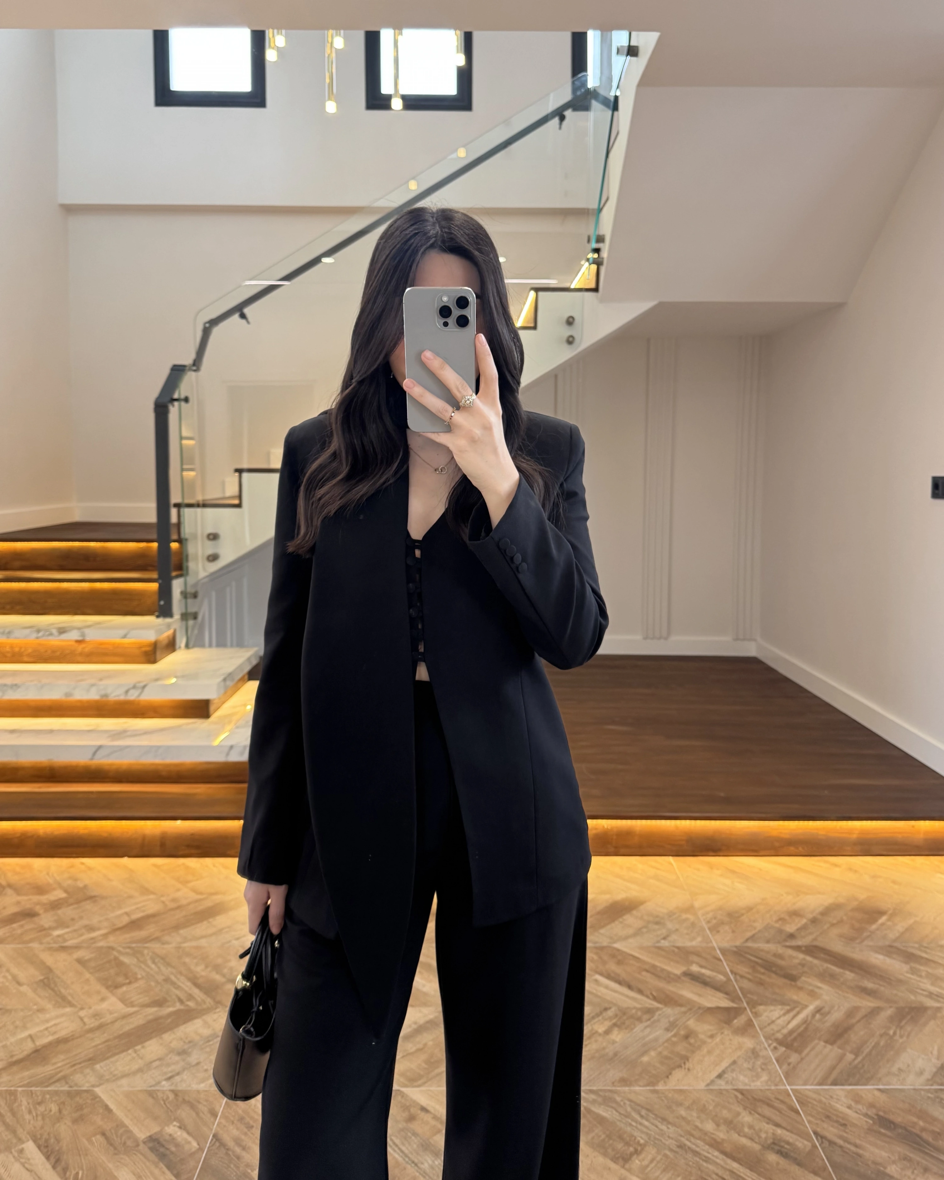 SİYAH FULAR DETAY VATKALI CEKET TAKIM-9046