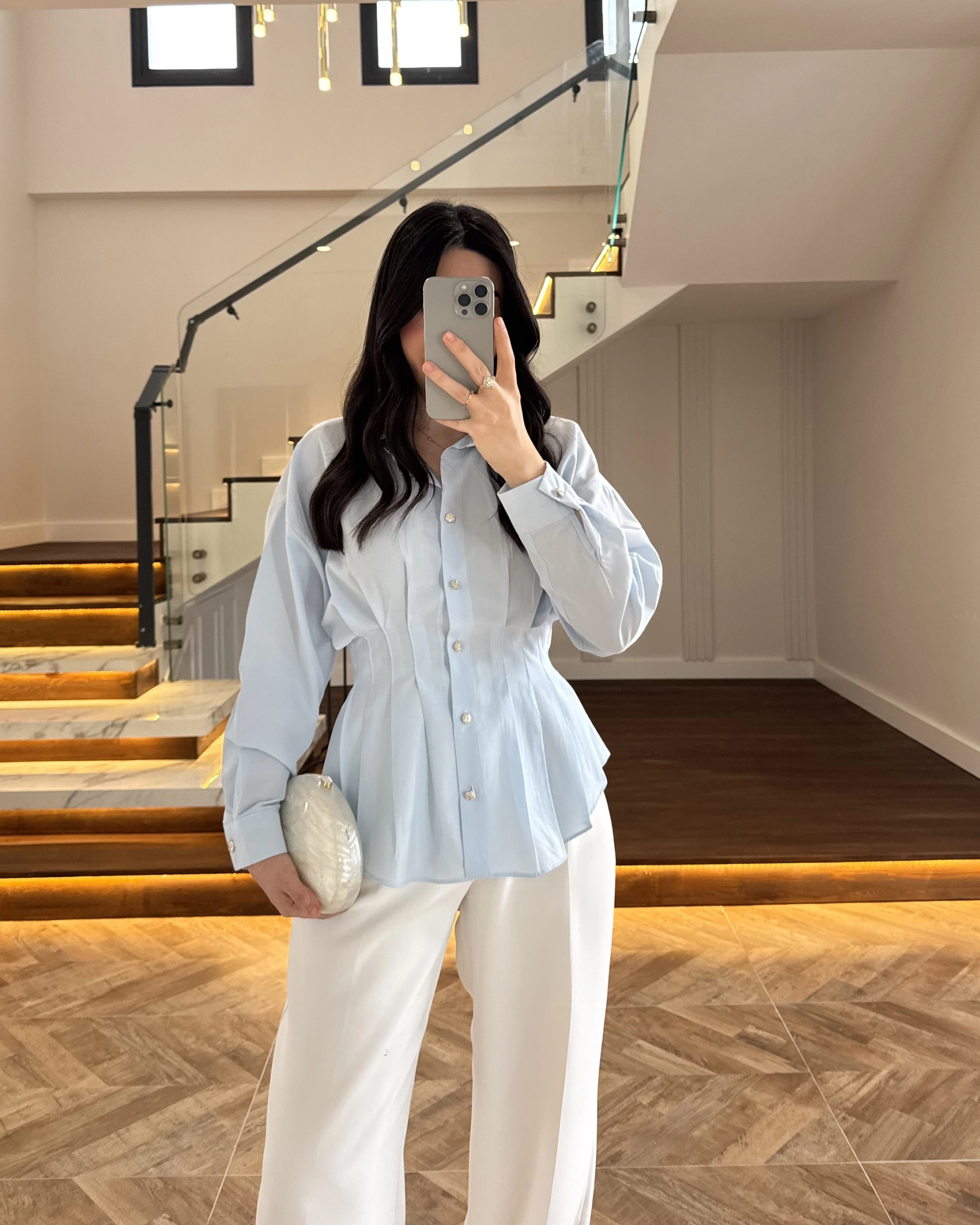 BEBE MAVİ DÜĞMELİ PİLELİ GÖMLEK MAVİ-2247