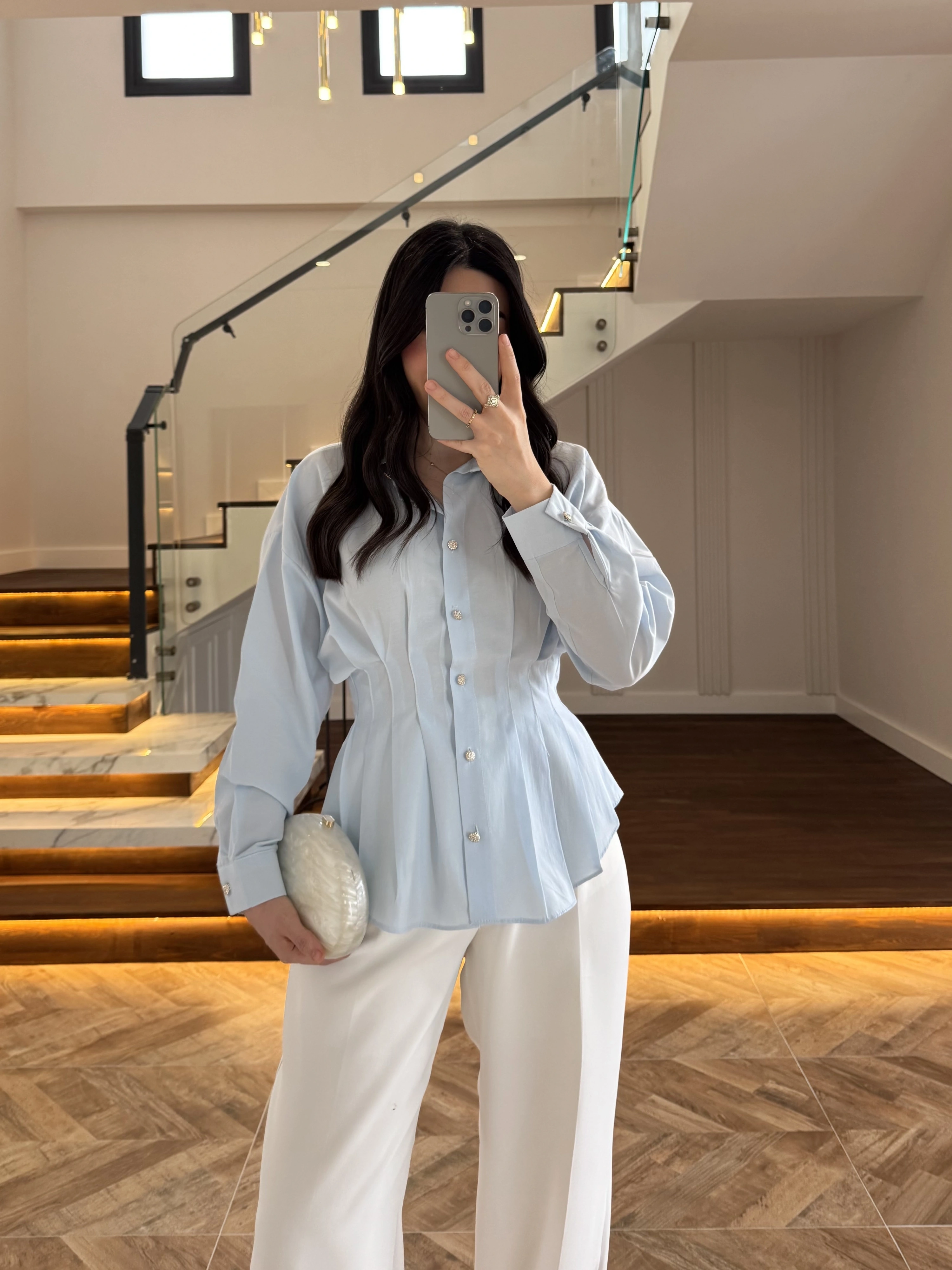 BEBE MAVİ DÜĞMELİ PİLELİ GÖMLEK MAVİ-2247