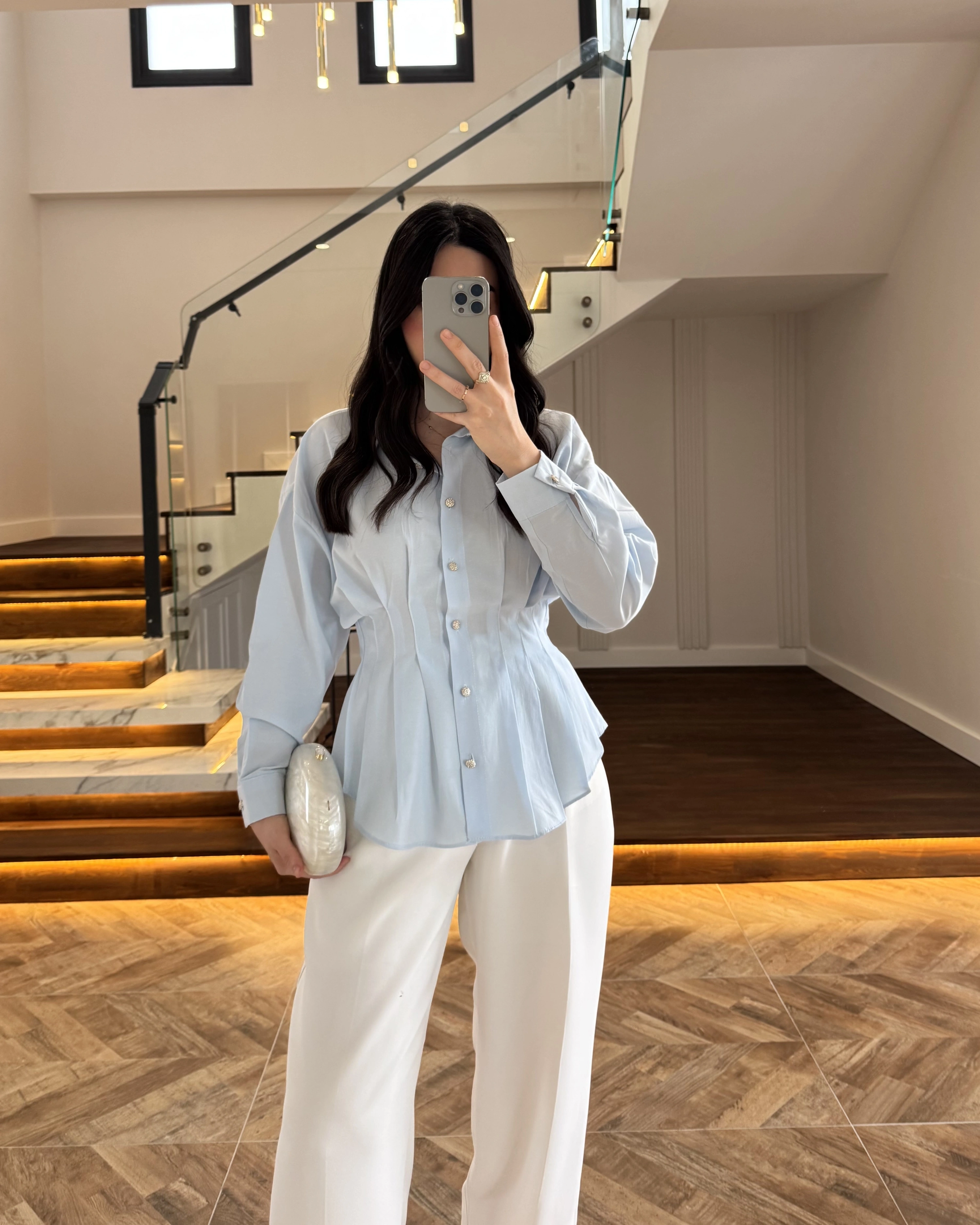 BEBE MAVİ DÜĞMELİ PİLELİ GÖMLEK MAVİ-2247