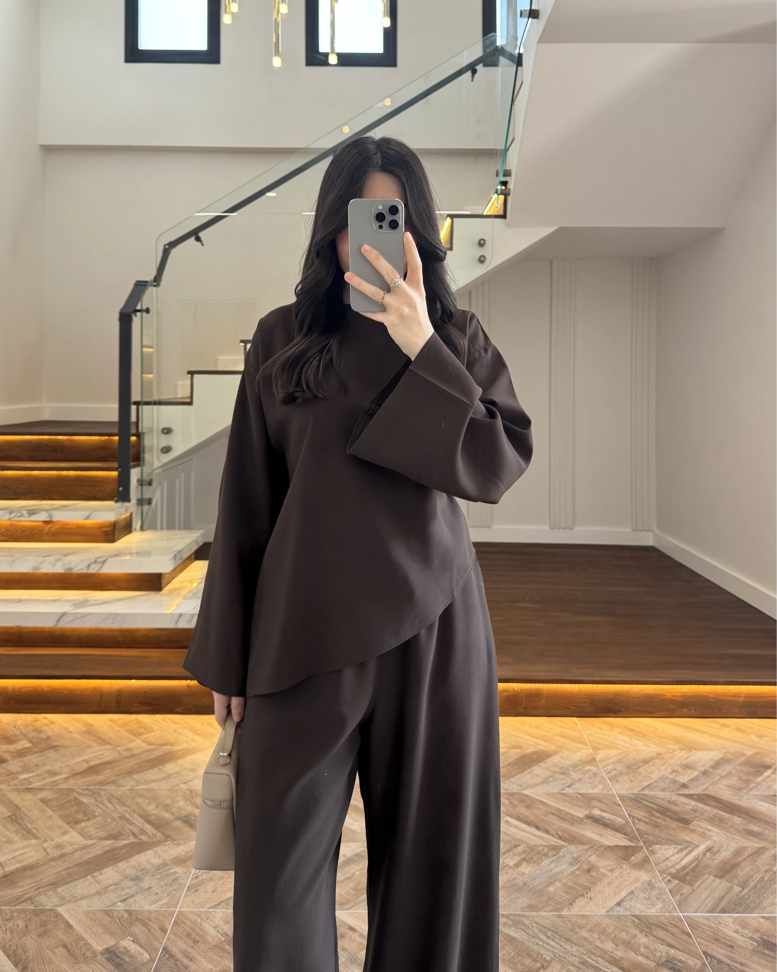 KAHVE ASİMETRİK KUŞAKLI TAKIM-9099