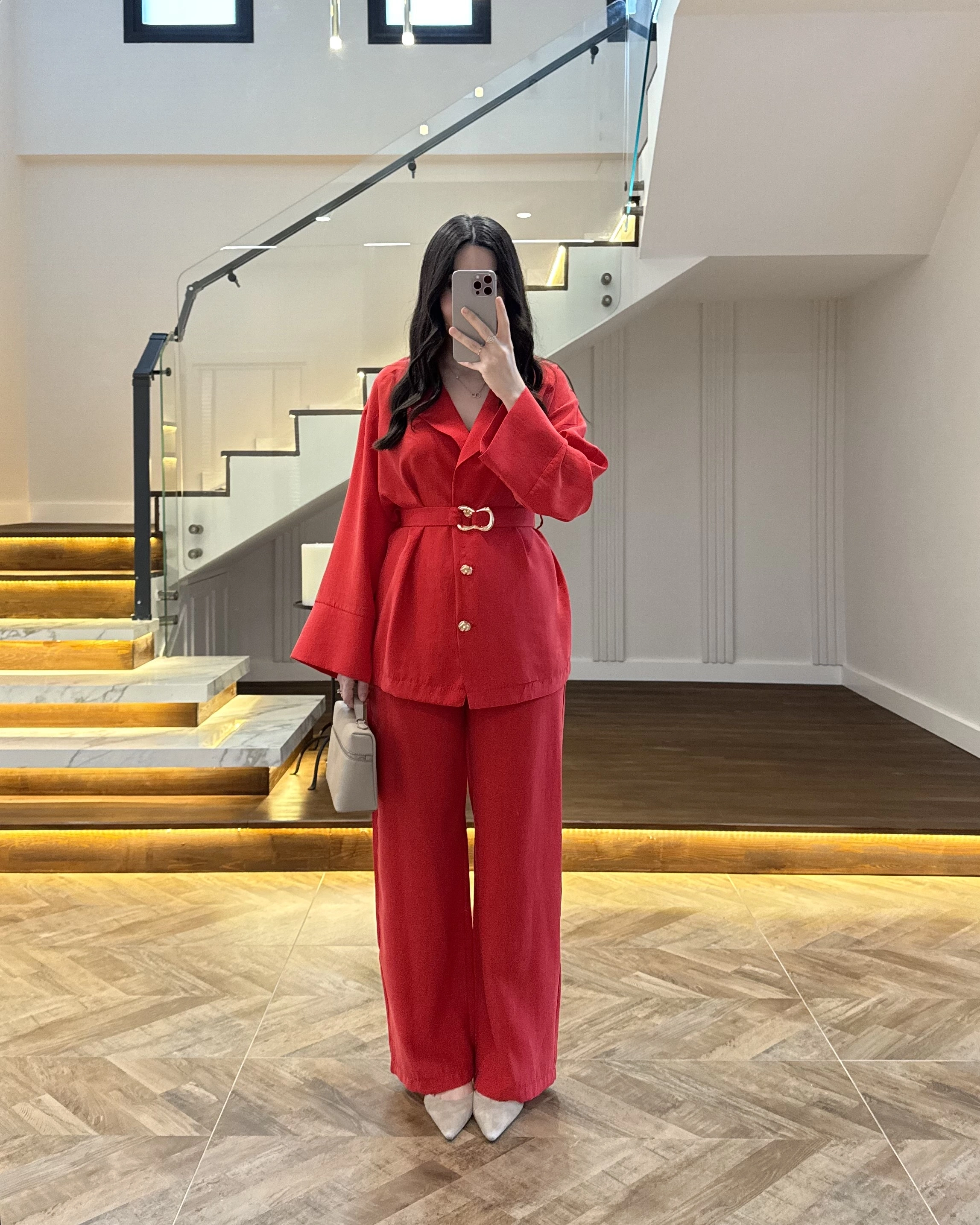 KIRMIZI TOKA DETAYLI TUNİK TAKIM -8927