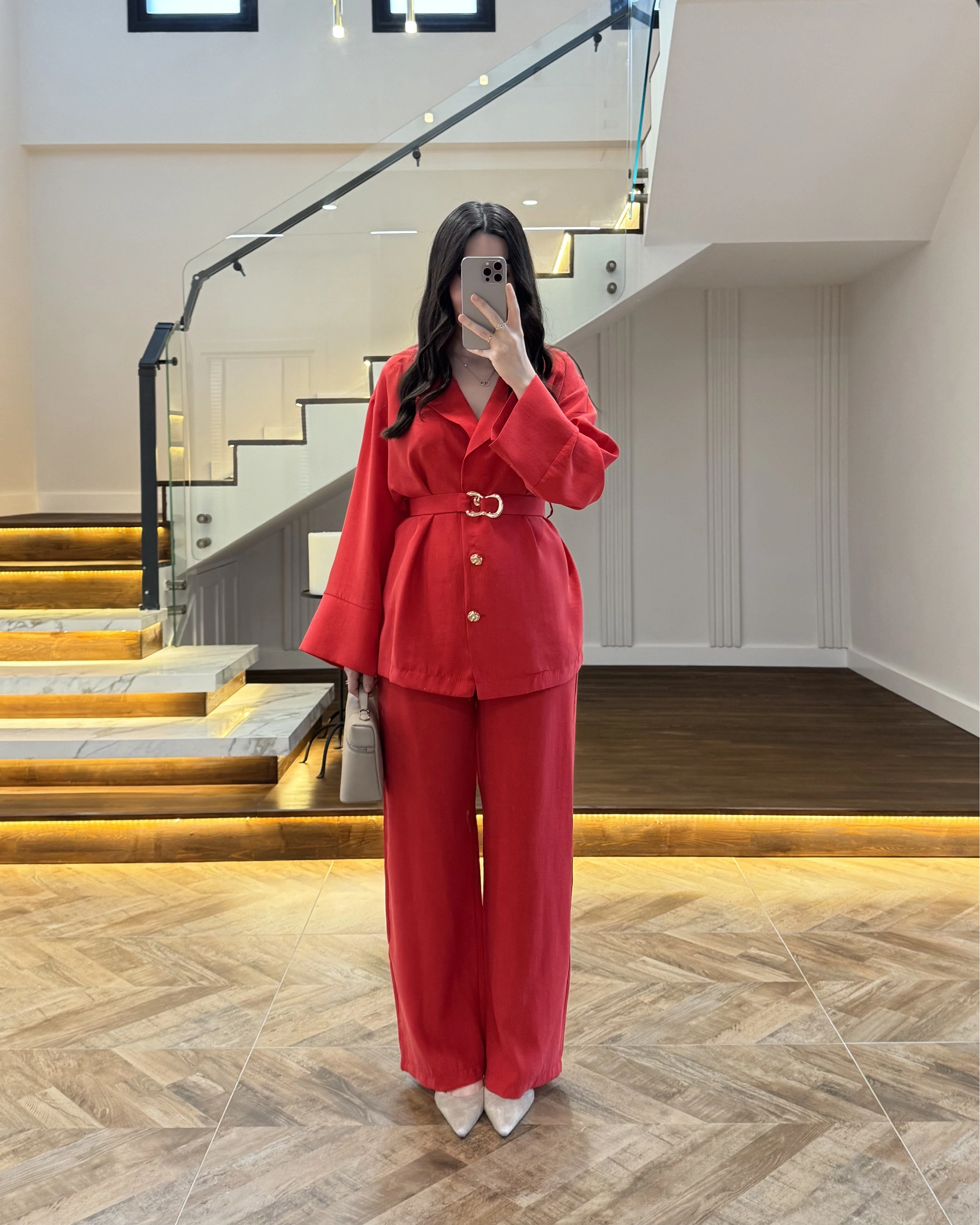 KIRMIZI TOKA DETAYLI TUNİK TAKIM -8927