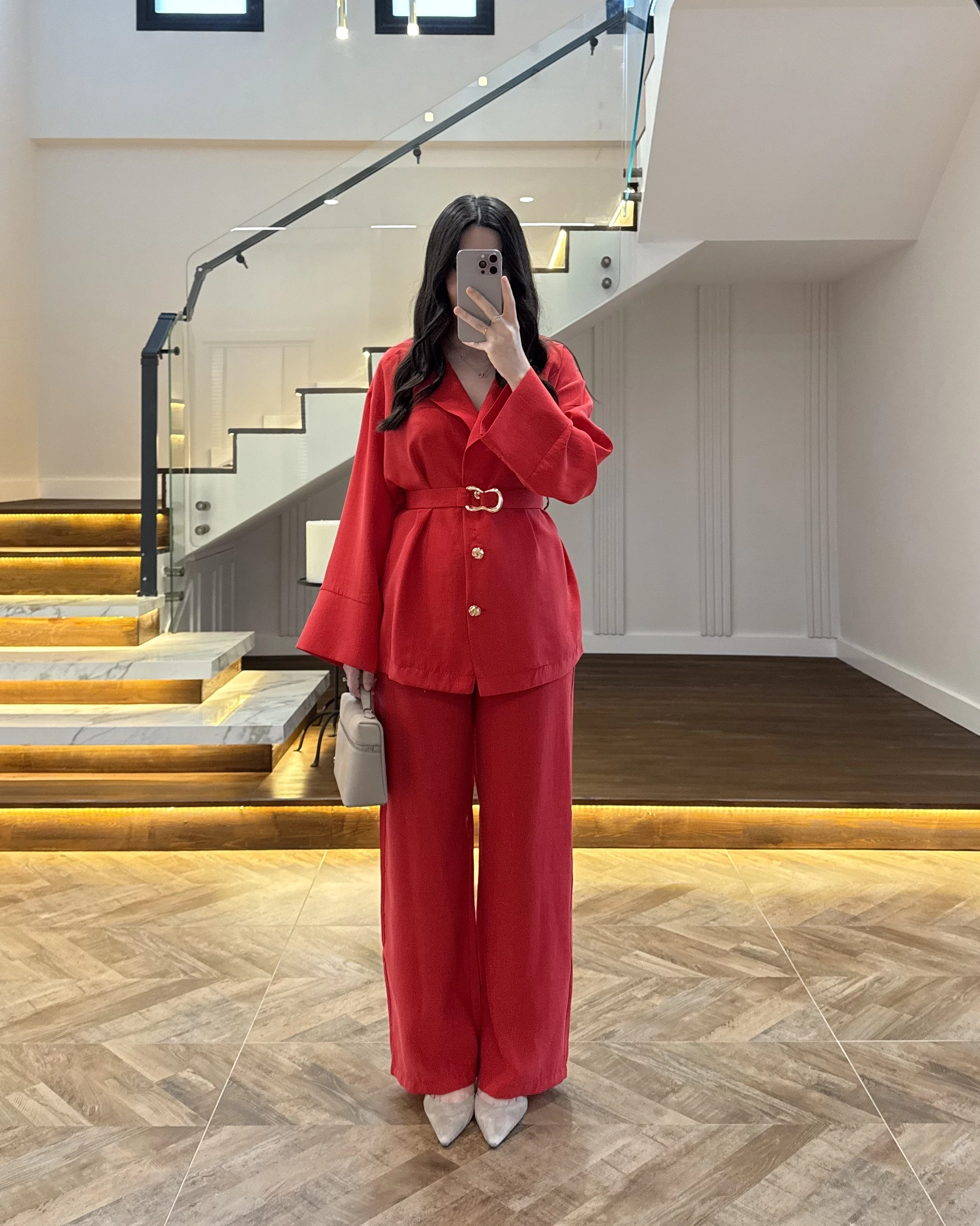 KIRMIZI TOKA DETAYLI TUNİK TAKIM -8927