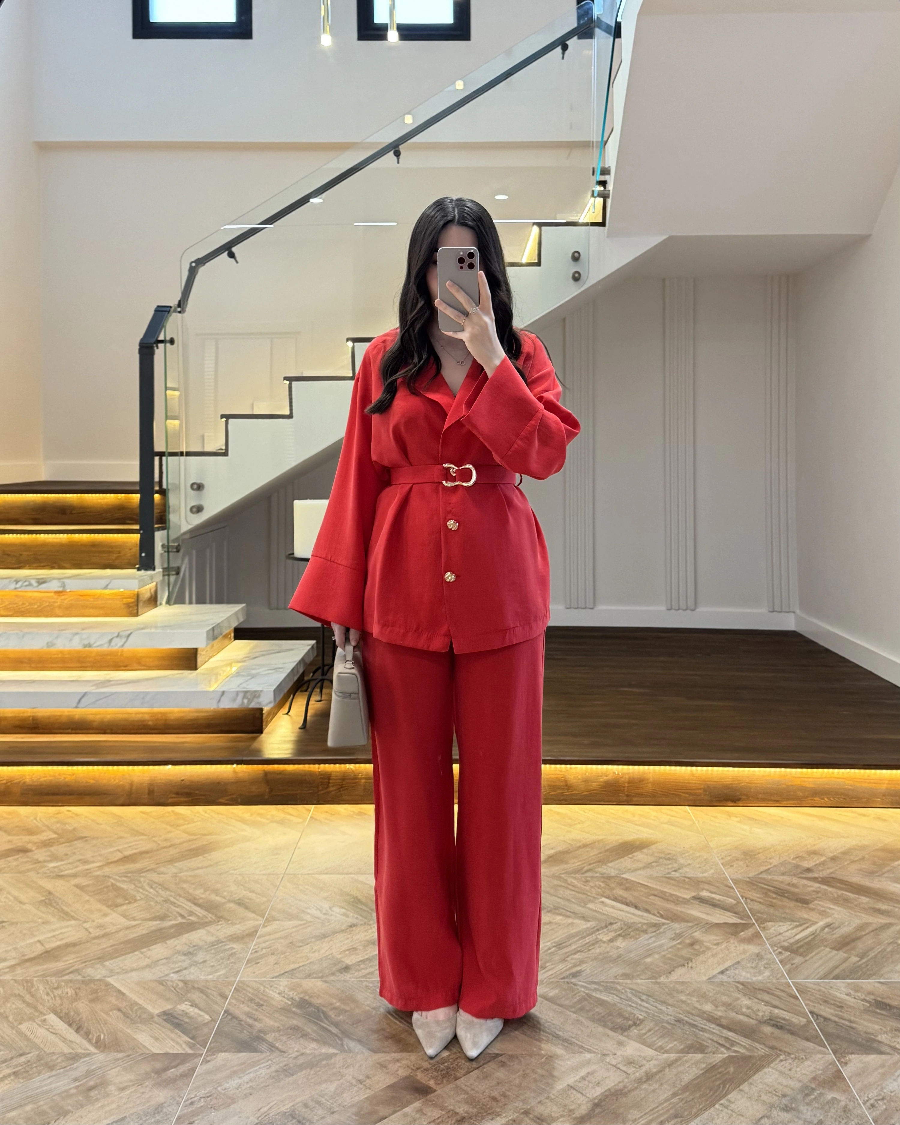 KIRMIZI TOKA DETAYLI TUNİK TAKIM -8927