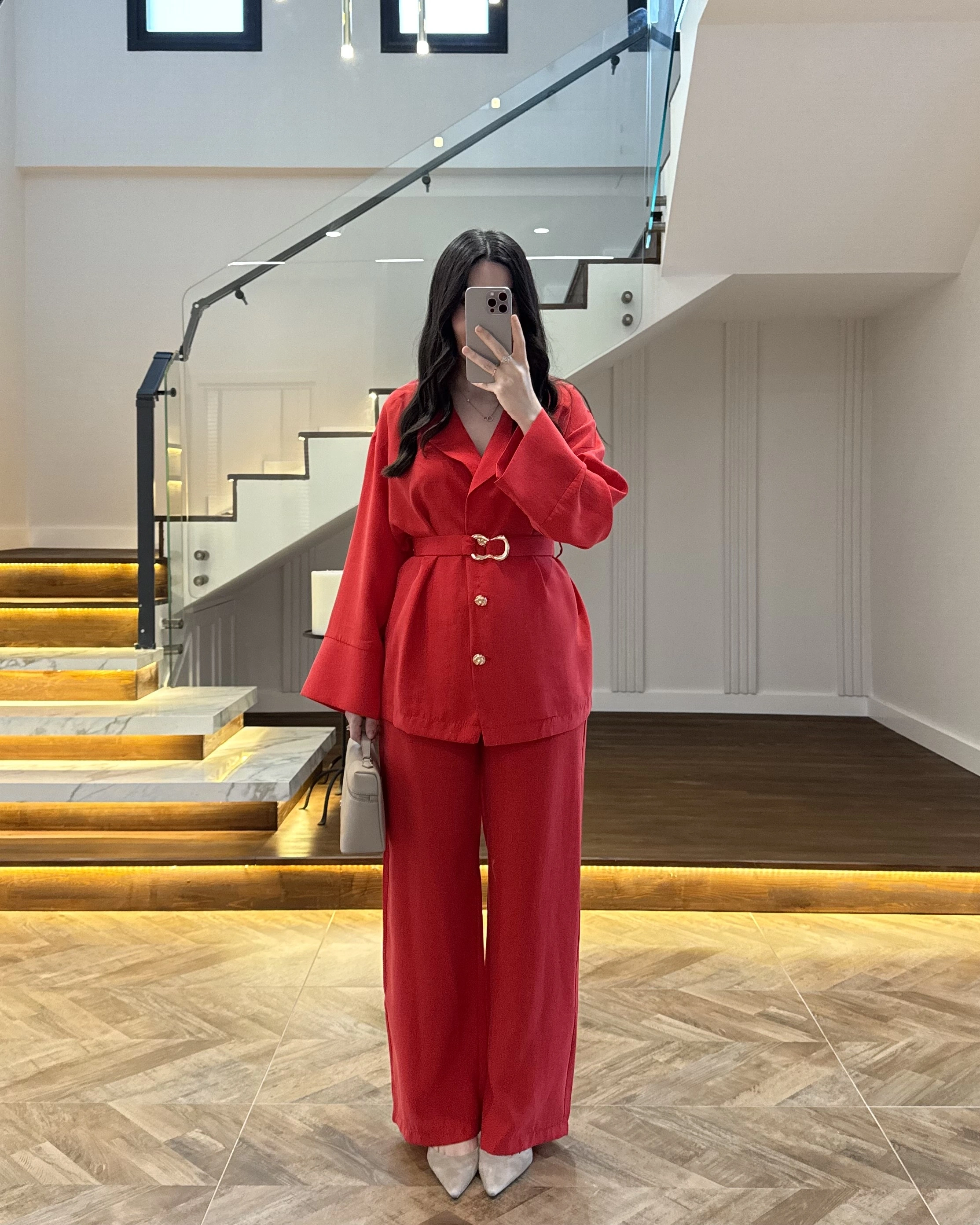 KIRMIZI TOKA DETAYLI TUNİK TAKIM -8927