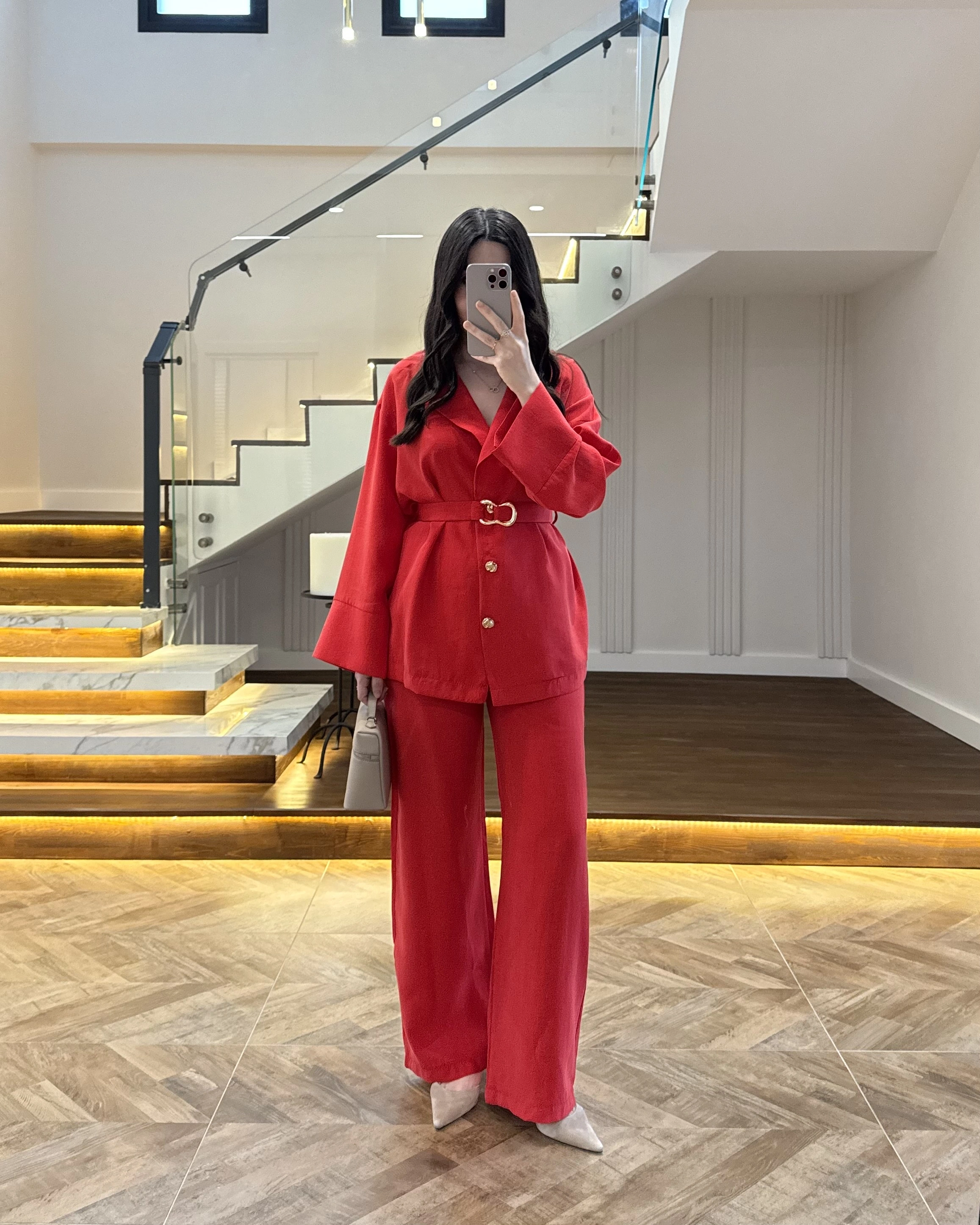 KIRMIZI TOKA DETAYLI TUNİK TAKIM -8927