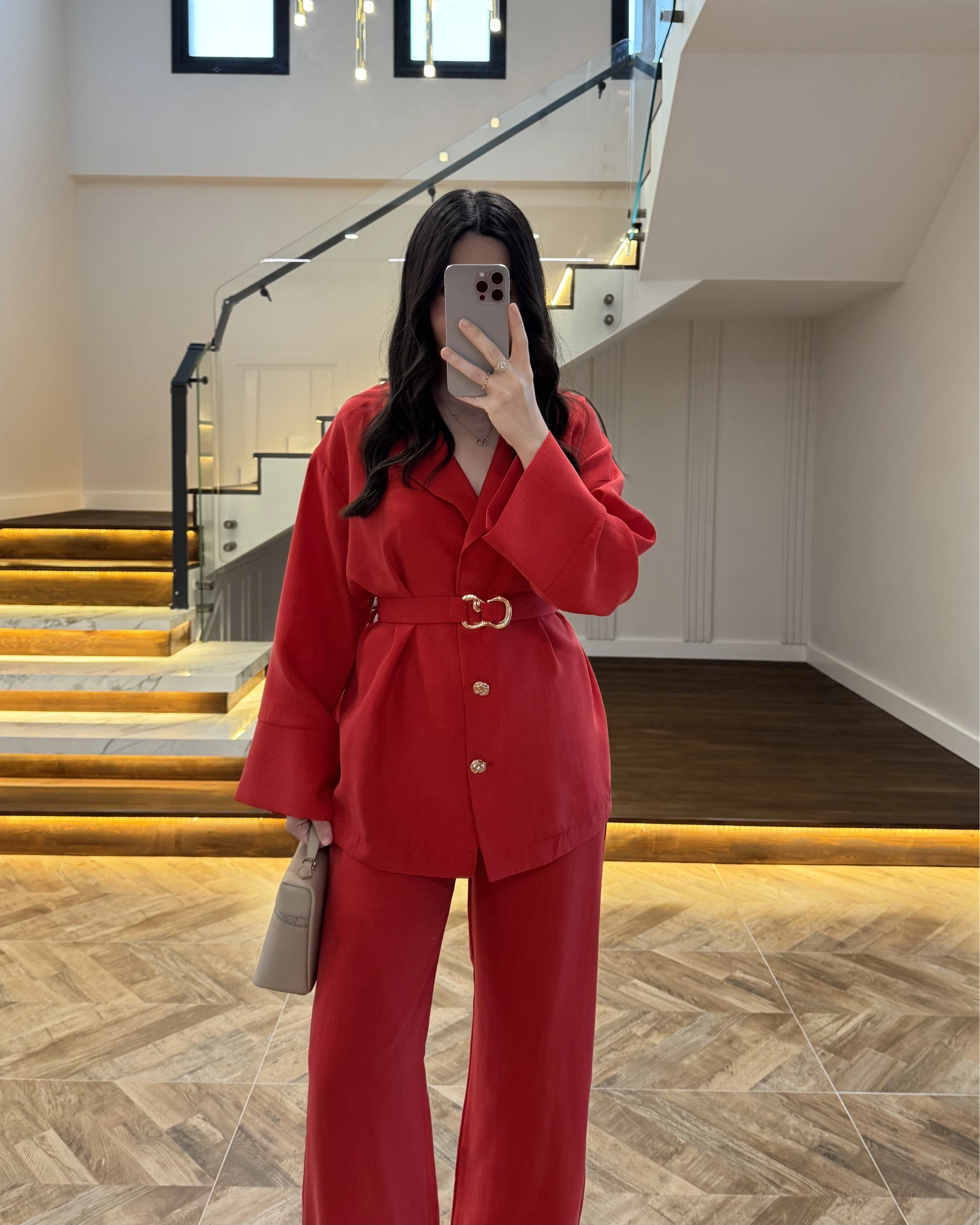 KIRMIZI TOKA DETAYLI TUNİK TAKIM -8927