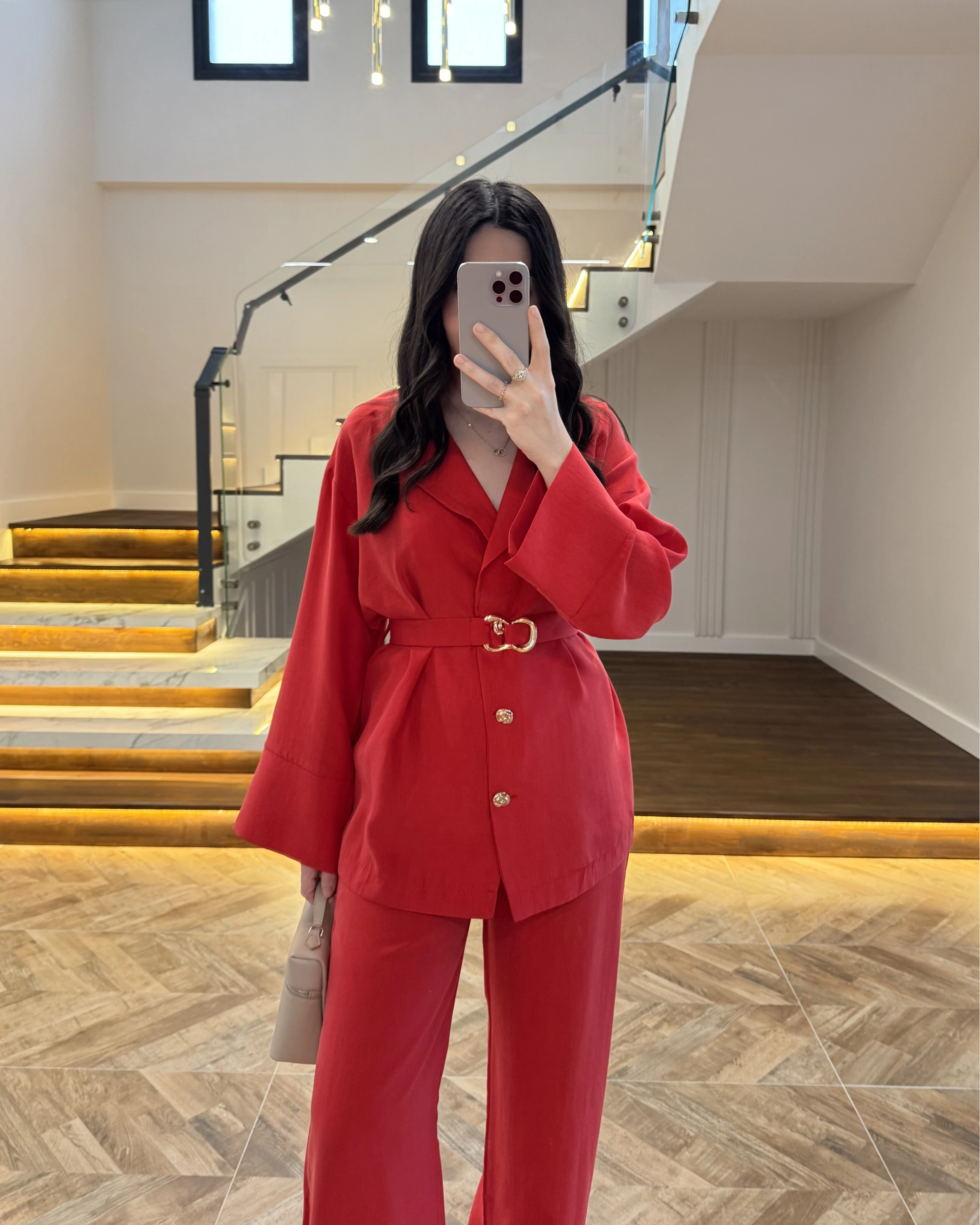 KIRMIZI TOKA DETAYLI TUNİK TAKIM -8927