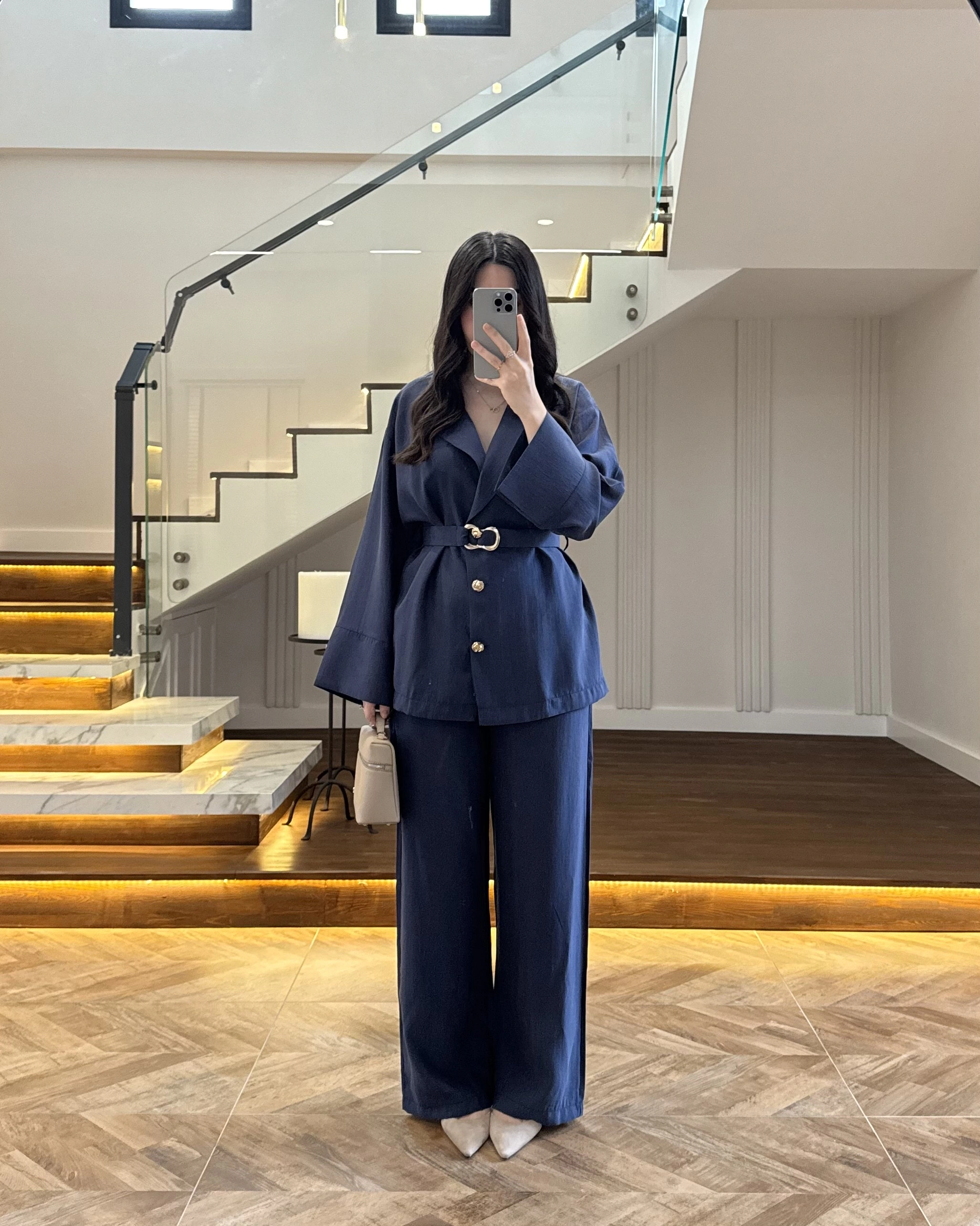 LACİVERT TOKA DETAYLI TUNİK TAKIM -8927