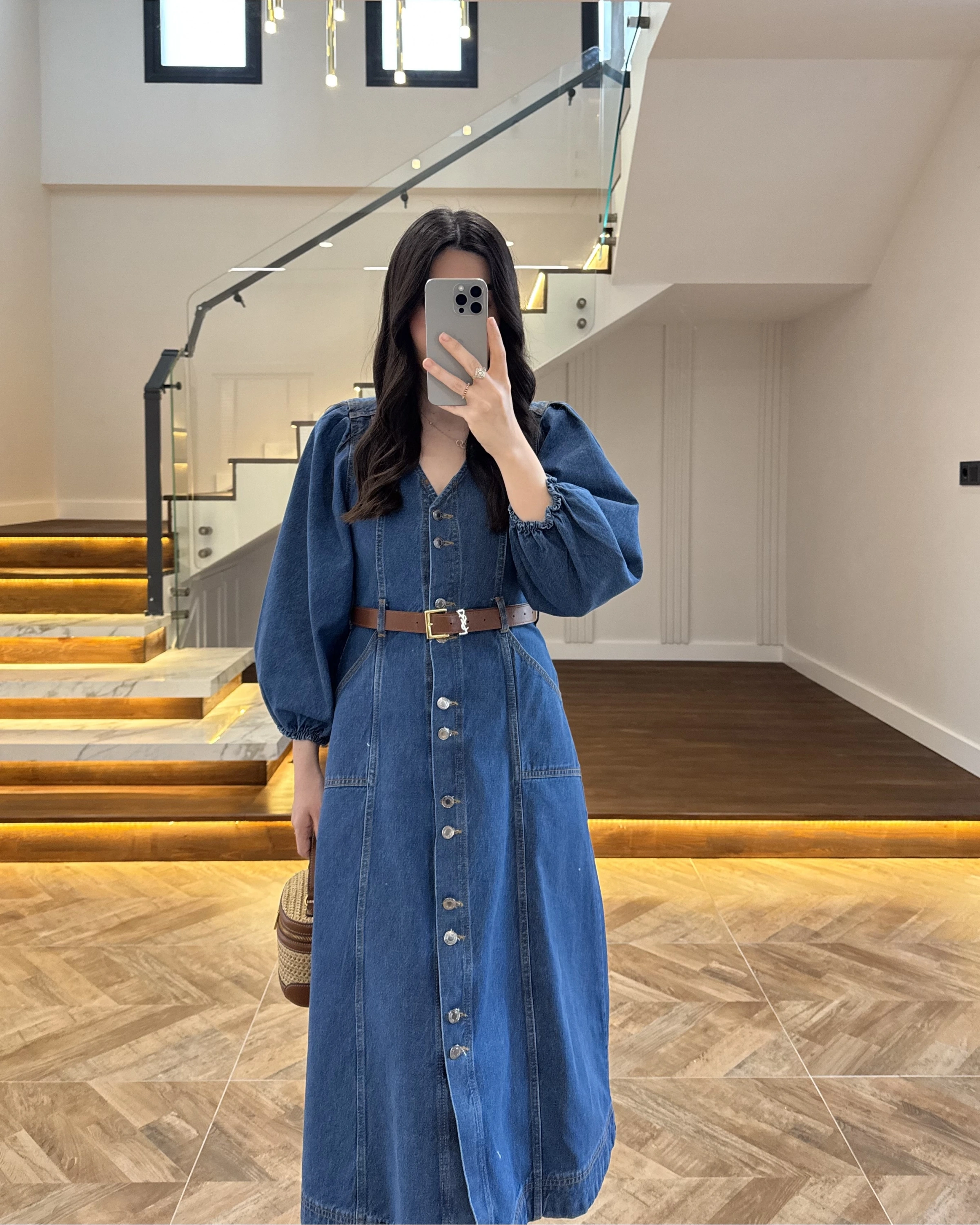 DENIM YARIM KOL ELBİSE -7240