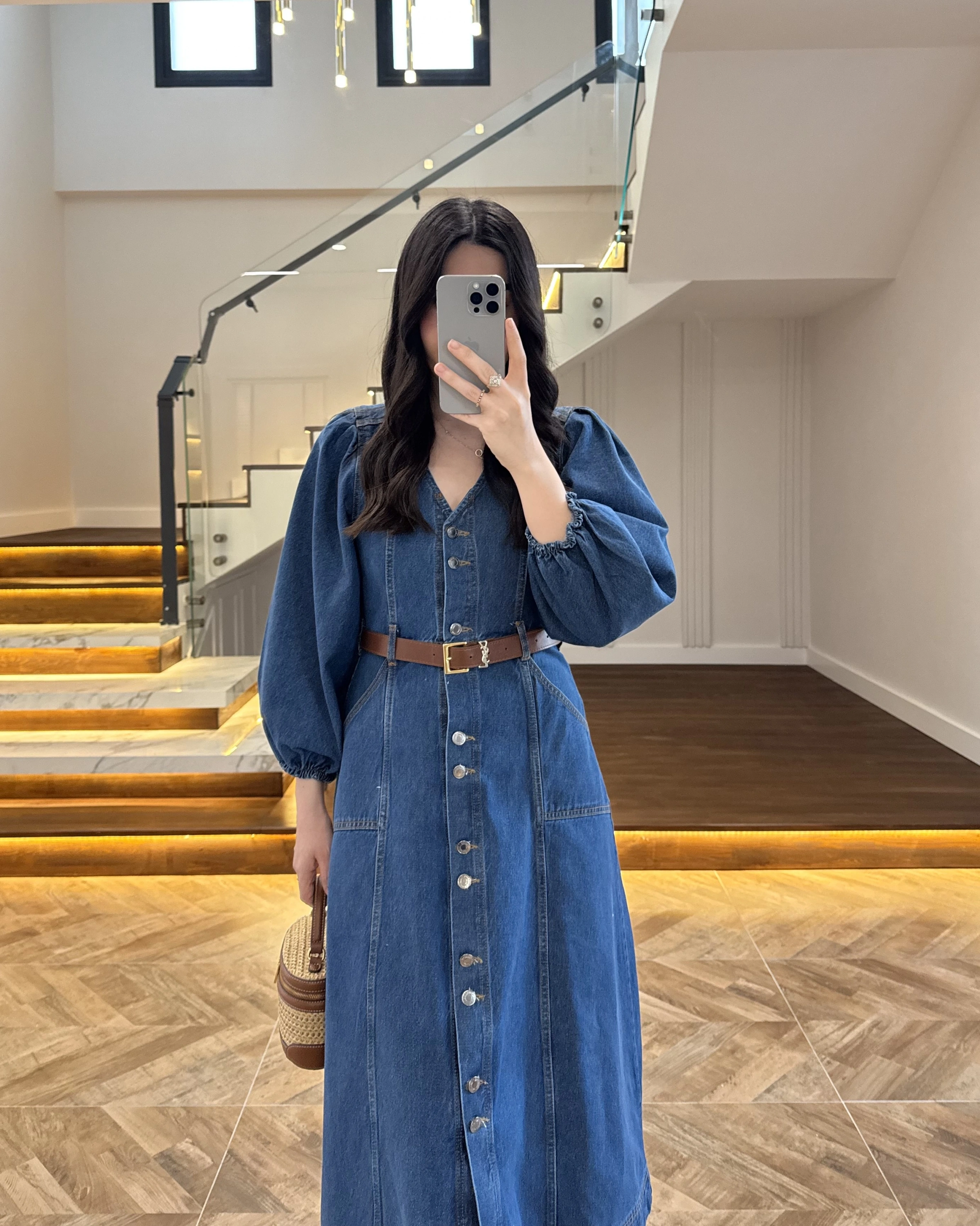 DENIM YARIM KOL ELBİSE -7240