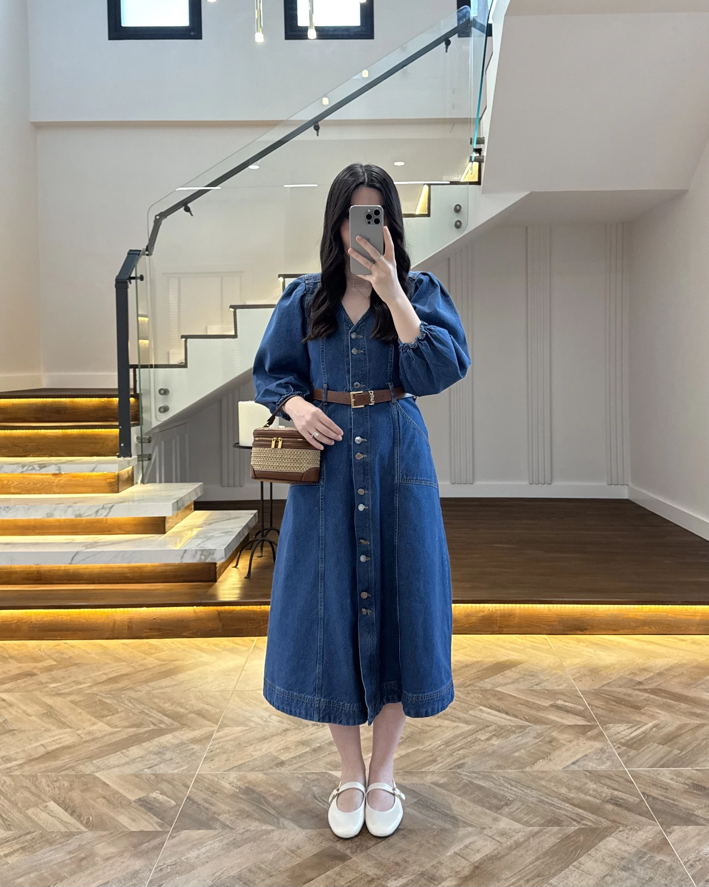 DENIM YARIM KOL ELBİSE -7240