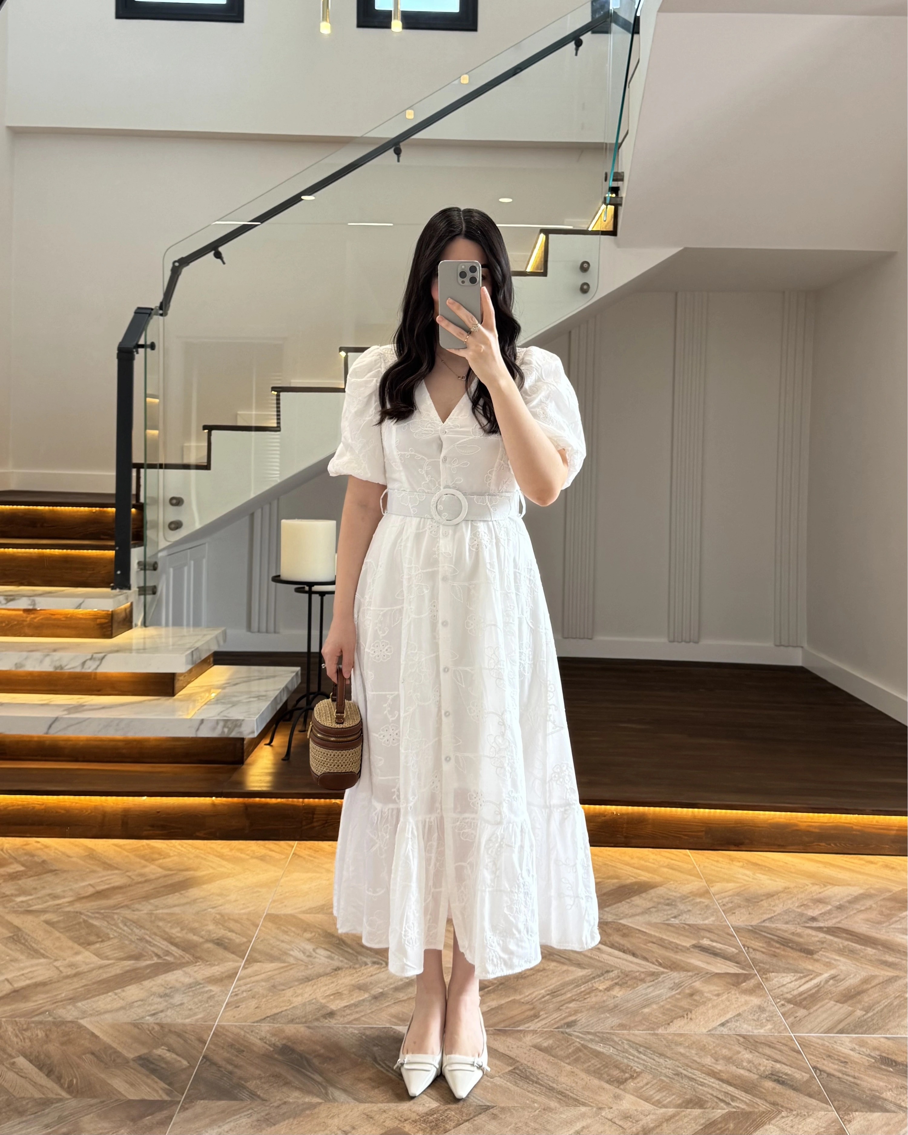 BALON KOL V YAKA ÇİÇEK BASKILI ELBİSE - 3076