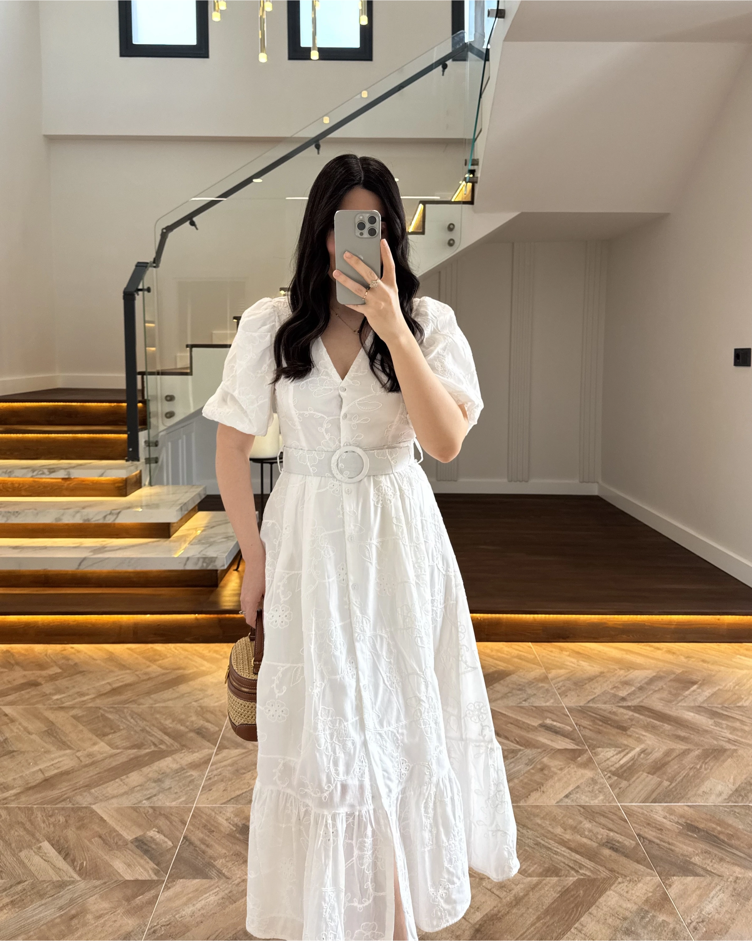 BALON KOL V YAKA ÇİÇEK BASKILI ELBİSE - 3076