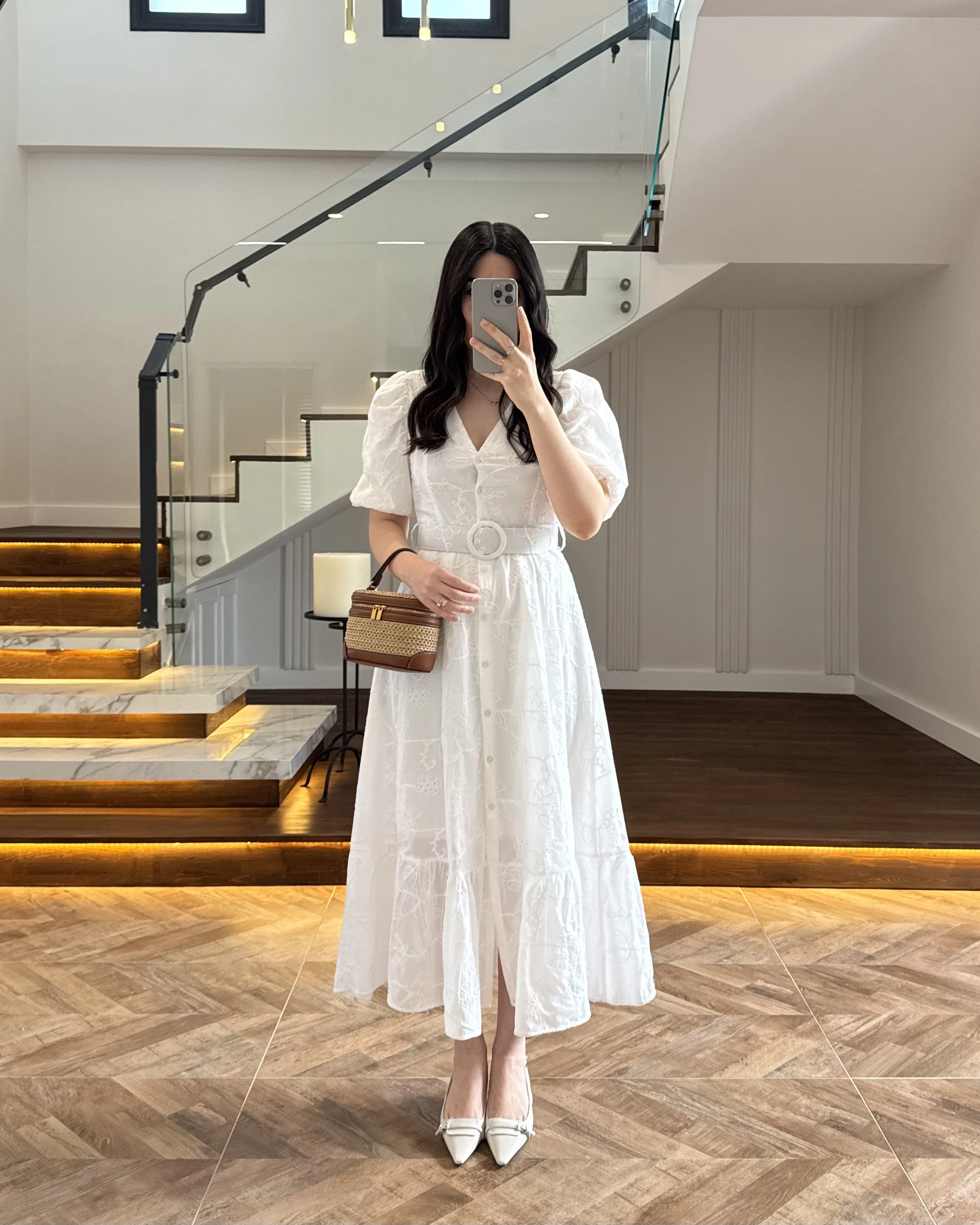 BALON KOL V YAKA ÇİÇEK BASKILI ELBİSE - 3076