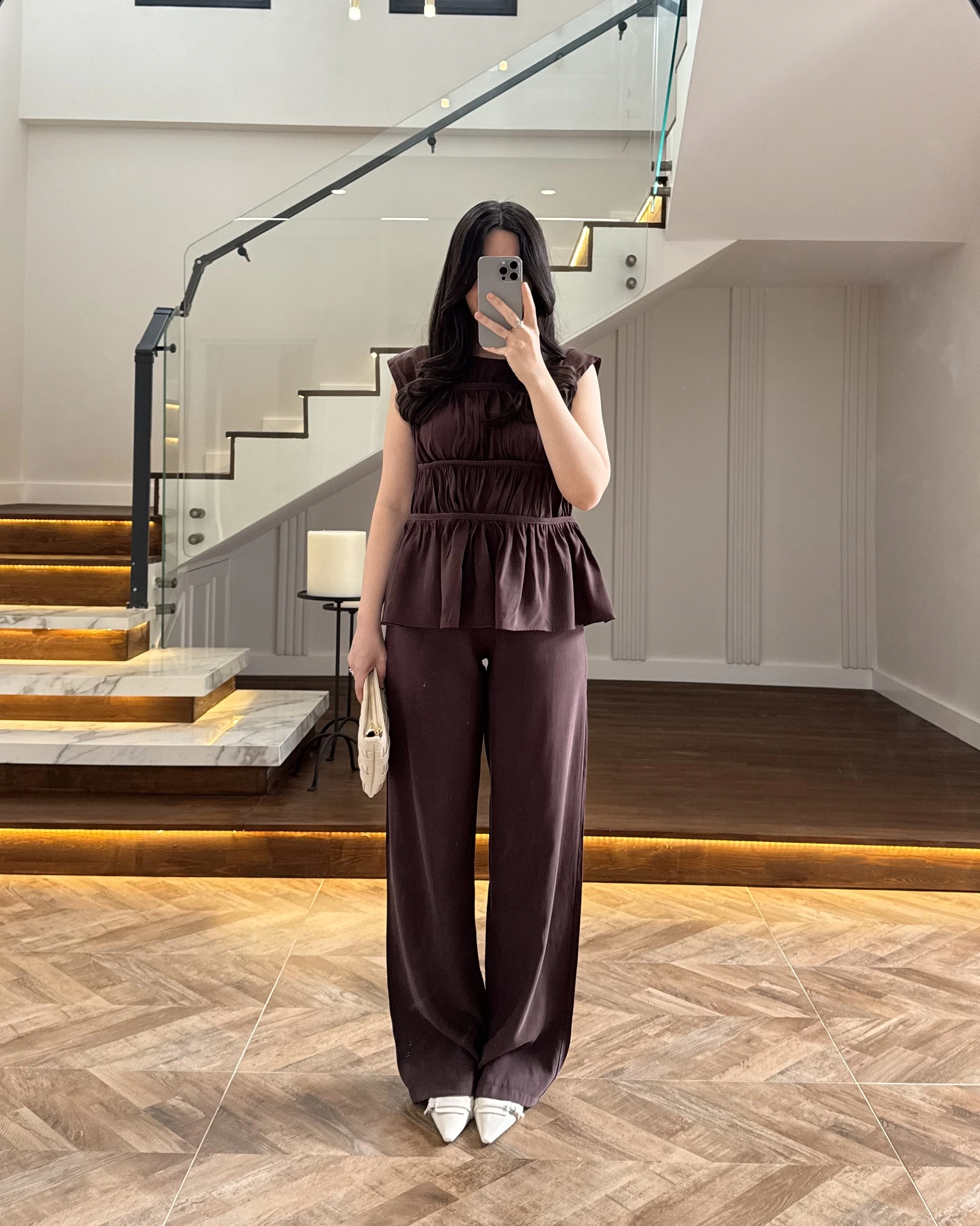 KAHVE TENSEL NEVÜRLÜ BLUZ PANTOLON TAKIM-250483