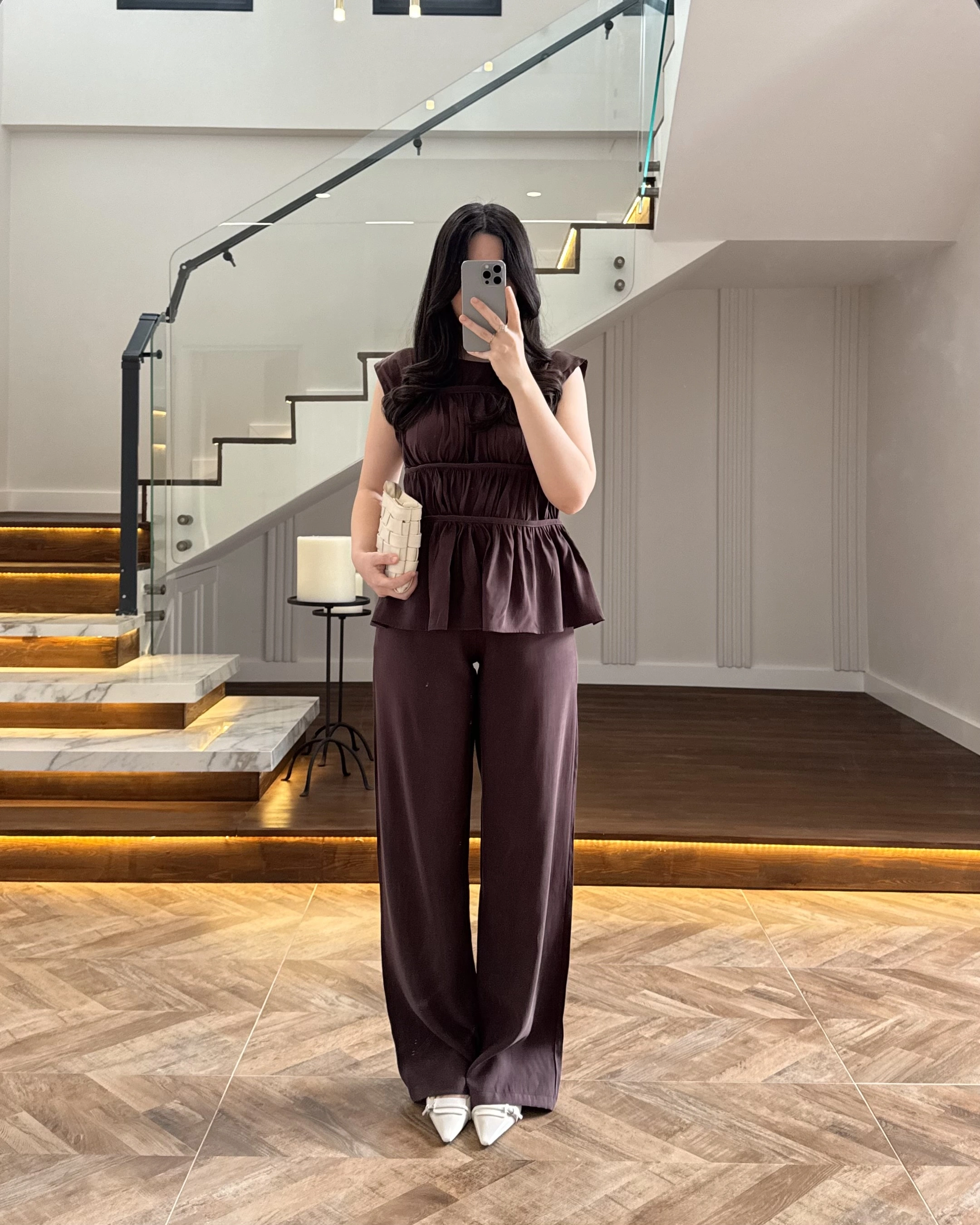 KAHVE TENSEL NEVÜRLÜ BLUZ PANTOLON TAKIM-250483