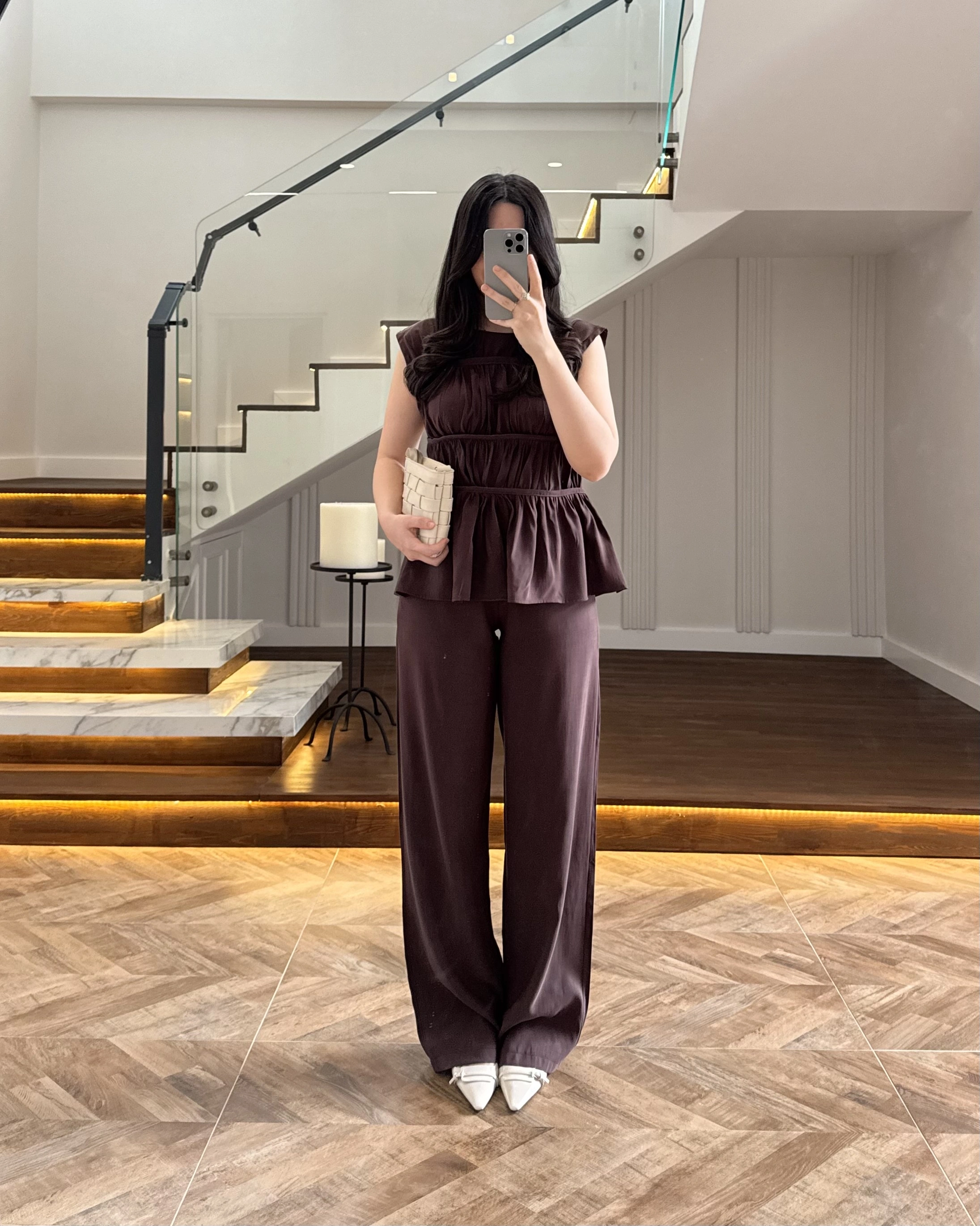 KAHVE TENSEL NEVÜRLÜ BLUZ PANTOLON TAKIM-250483