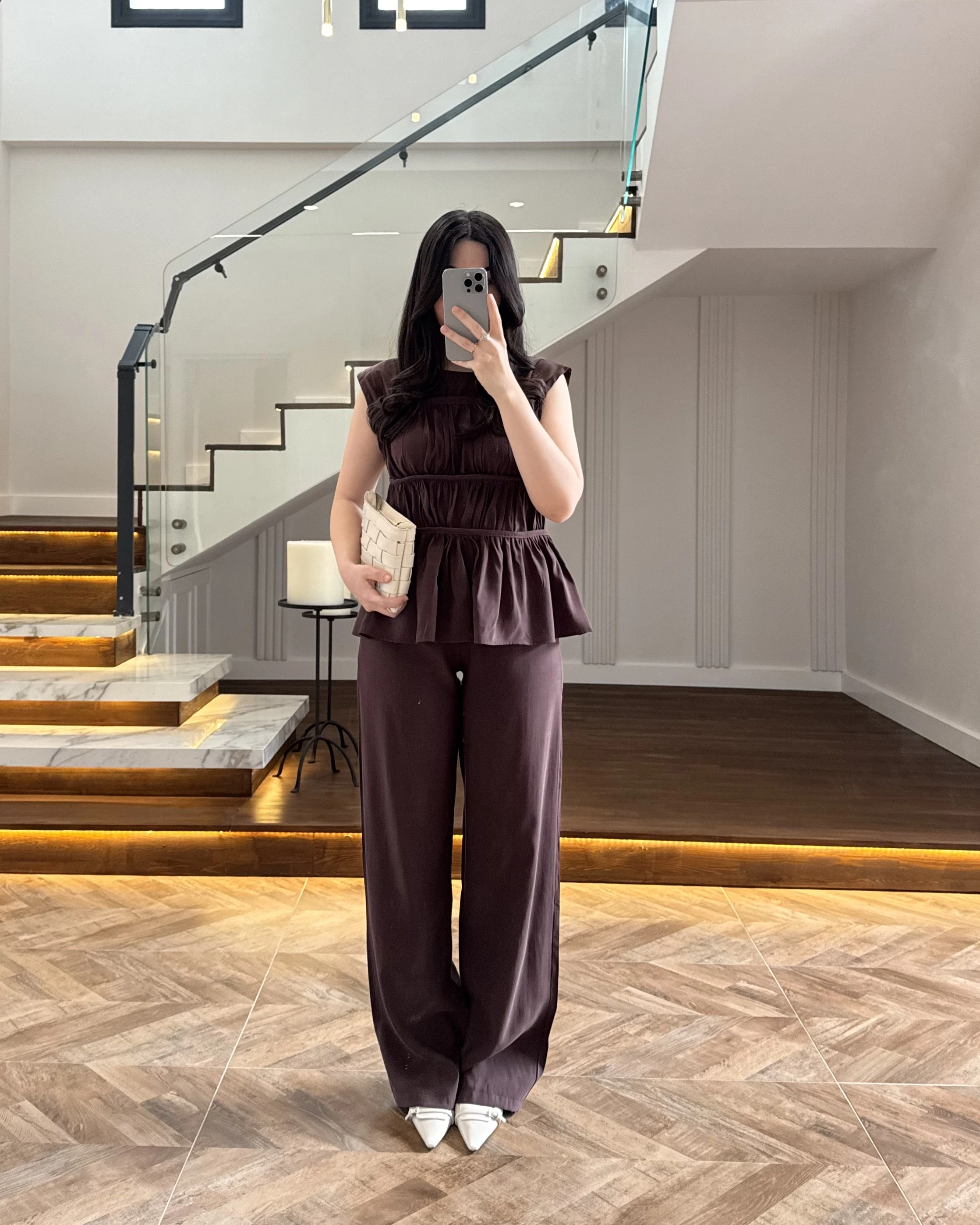 KAHVE TENSEL NEVÜRLÜ BLUZ PANTOLON TAKIM-250483