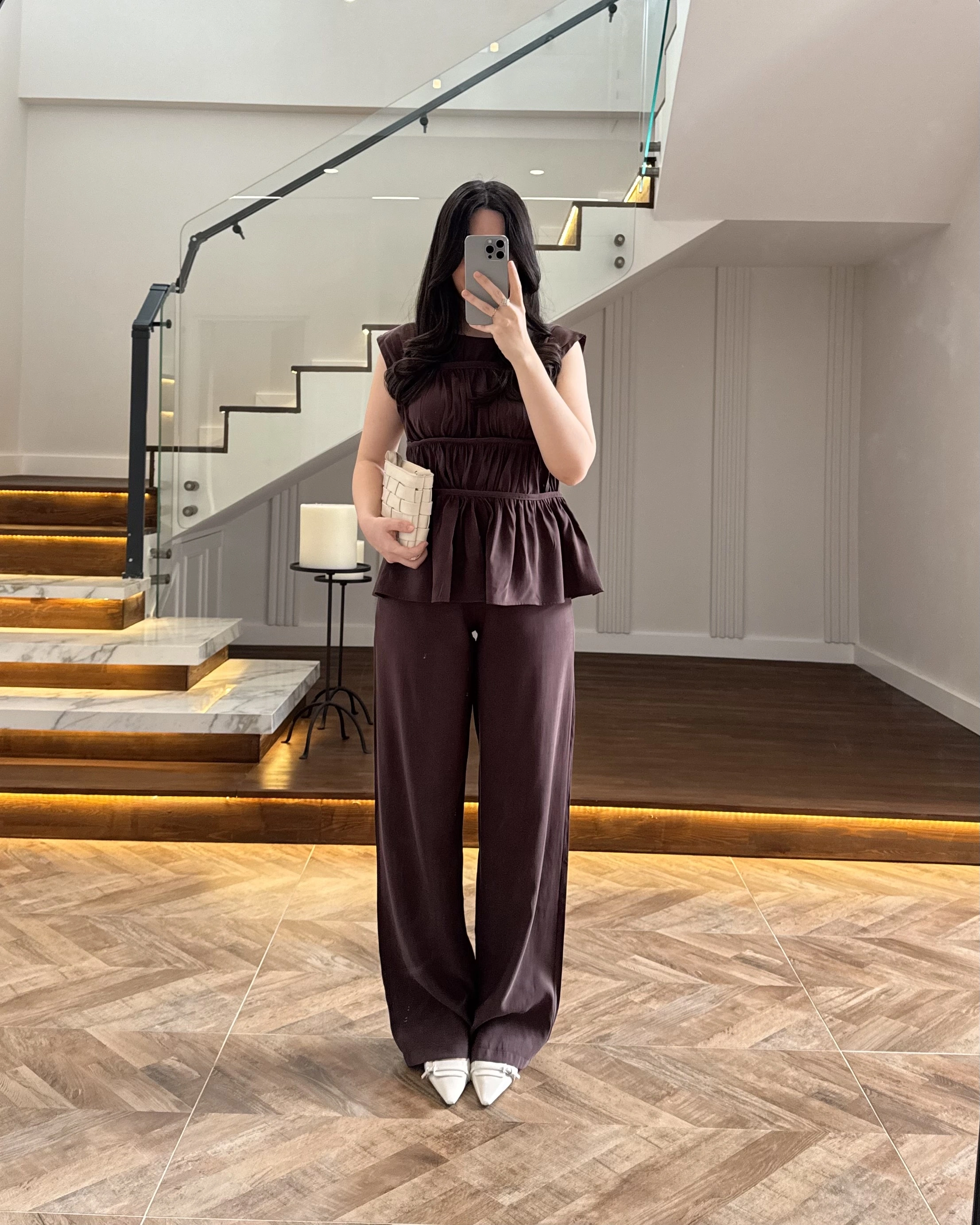 KAHVE TENSEL NEVÜRLÜ BLUZ PANTOLON TAKIM-250483