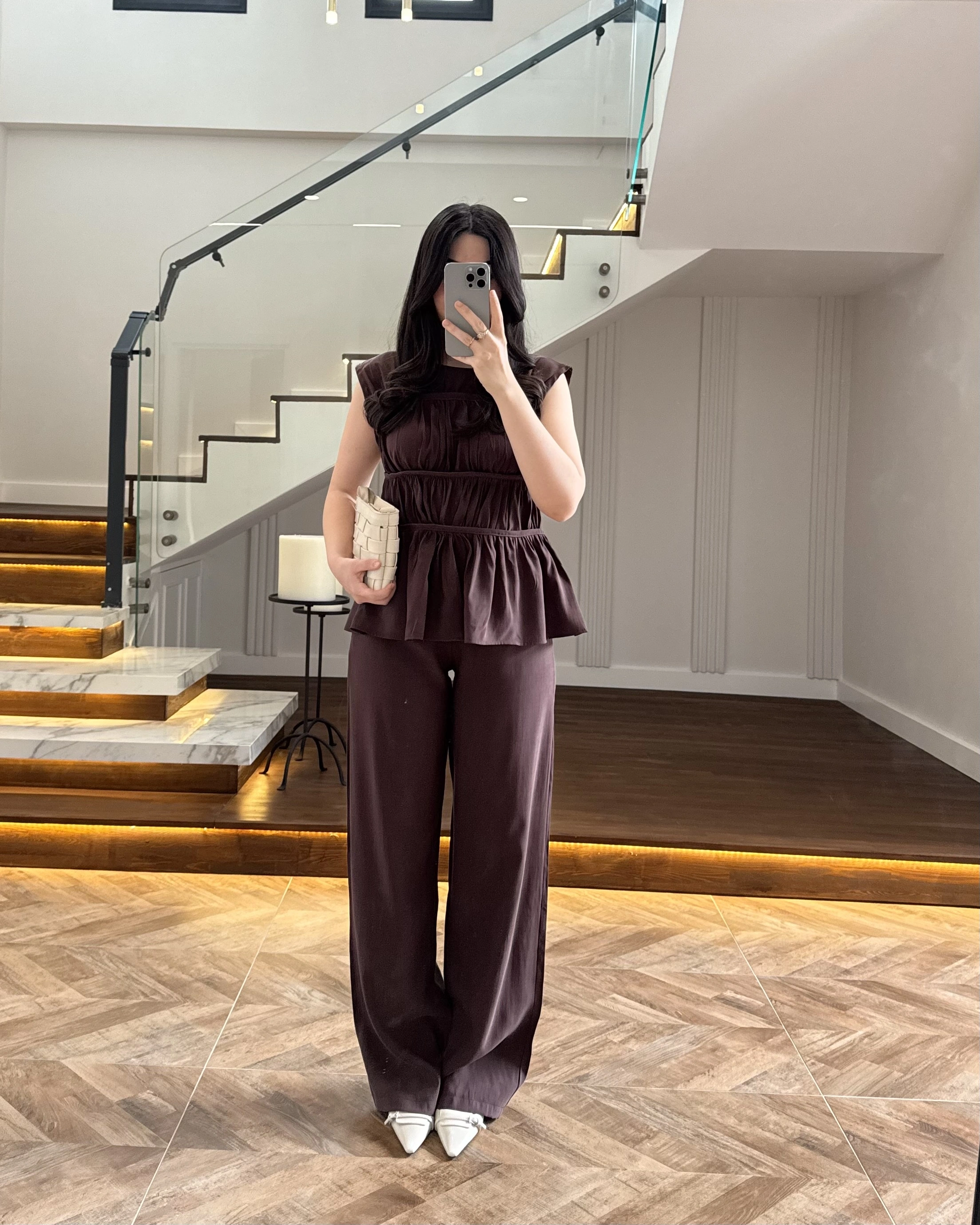 KAHVE TENSEL NEVÜRLÜ BLUZ PANTOLON TAKIM-250483
