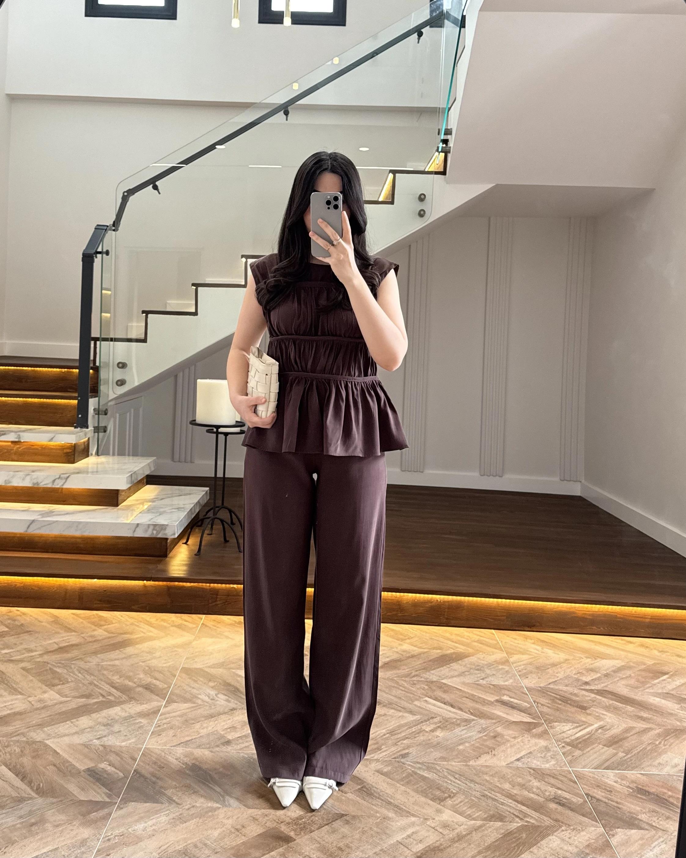 KAHVE TENSEL NEVÜRLÜ BLUZ PANTOLON TAKIM-250483
