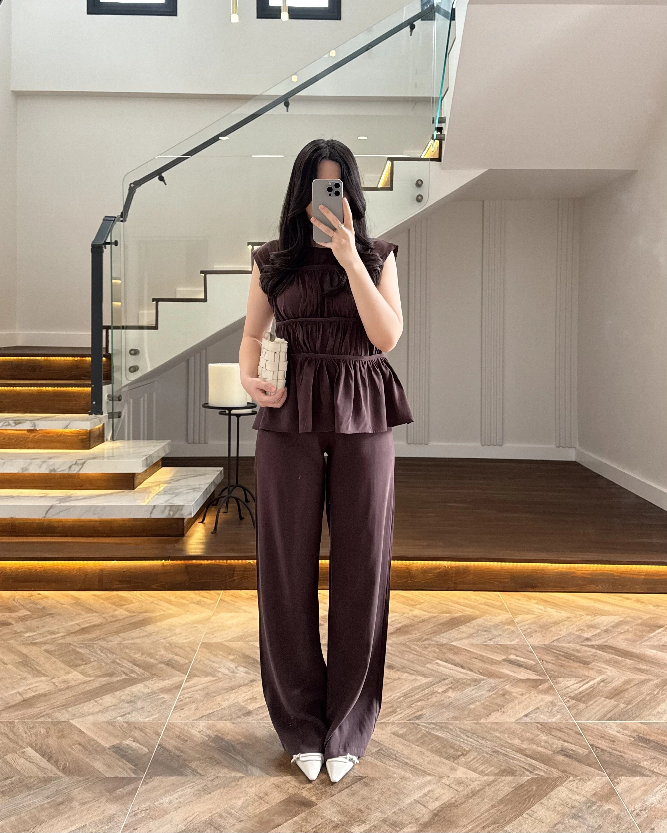 KAHVE TENSEL NEVÜRLÜ BLUZ PANTOLON TAKIM-250483