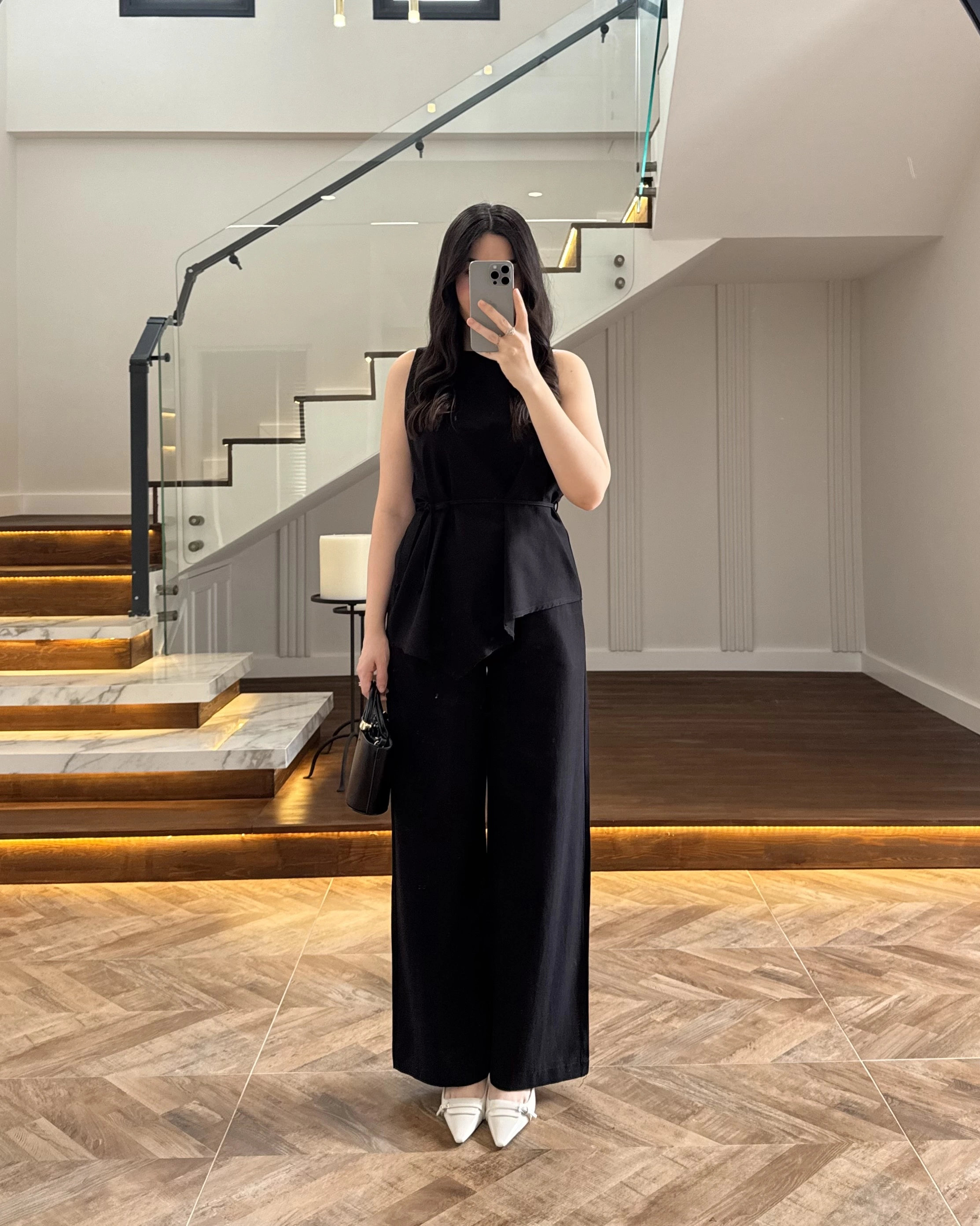 SİYAH ASİMETRİK BLUZ PANTOLON TAKIM-8784