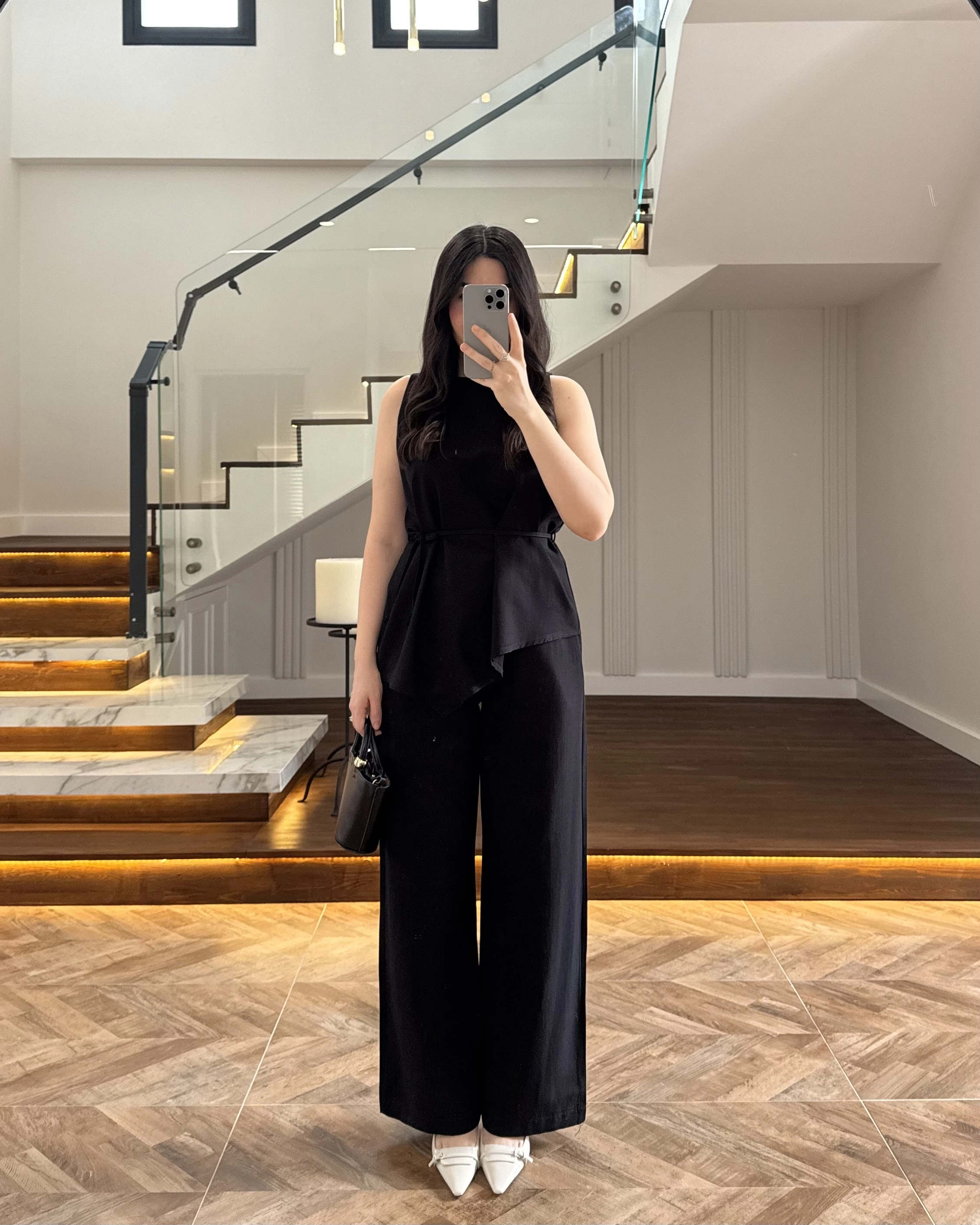 SİYAH ASİMETRİK BLUZ PANTOLON TAKIM-8784