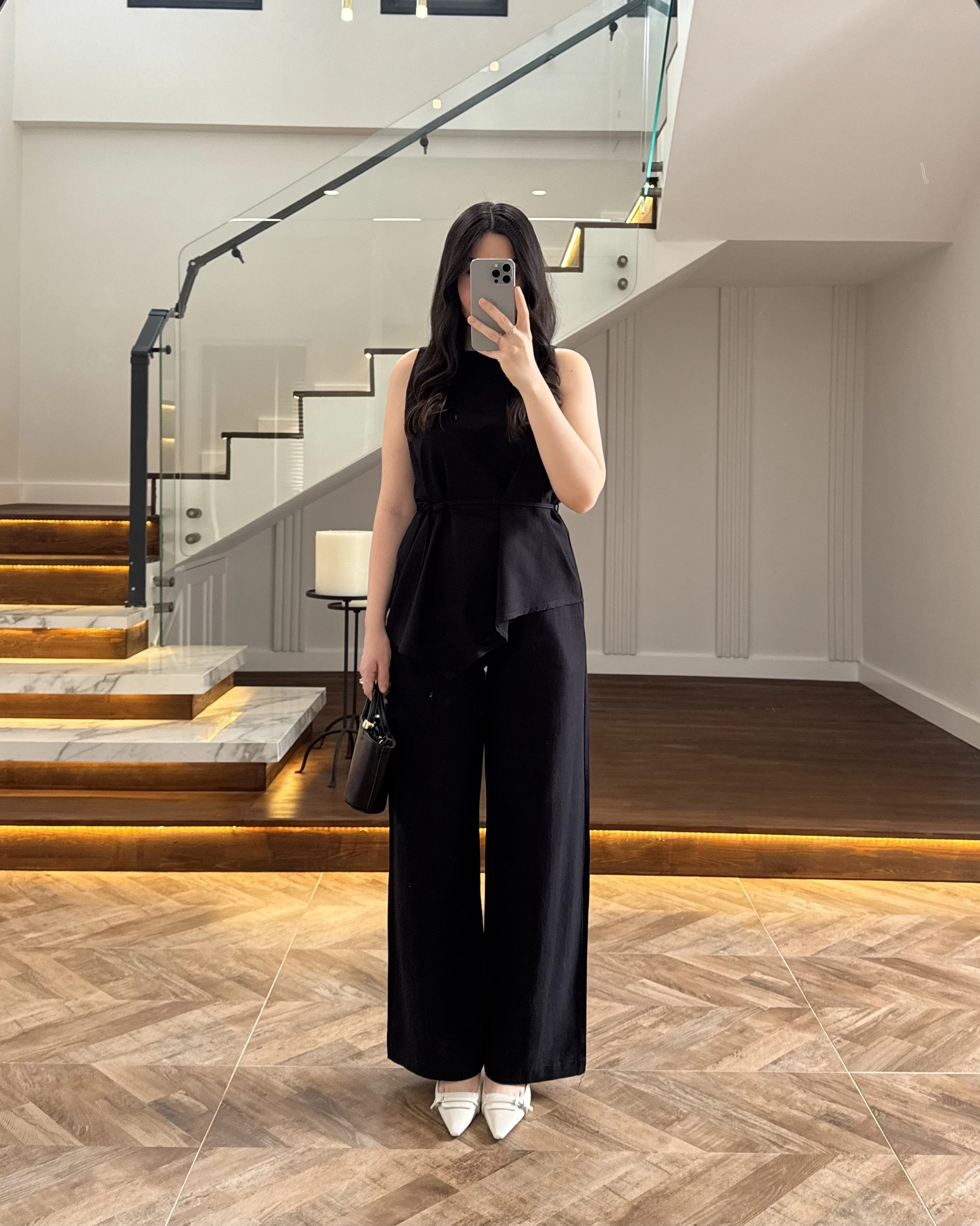 SİYAH ASİMETRİK BLUZ PANTOLON TAKIM-8784