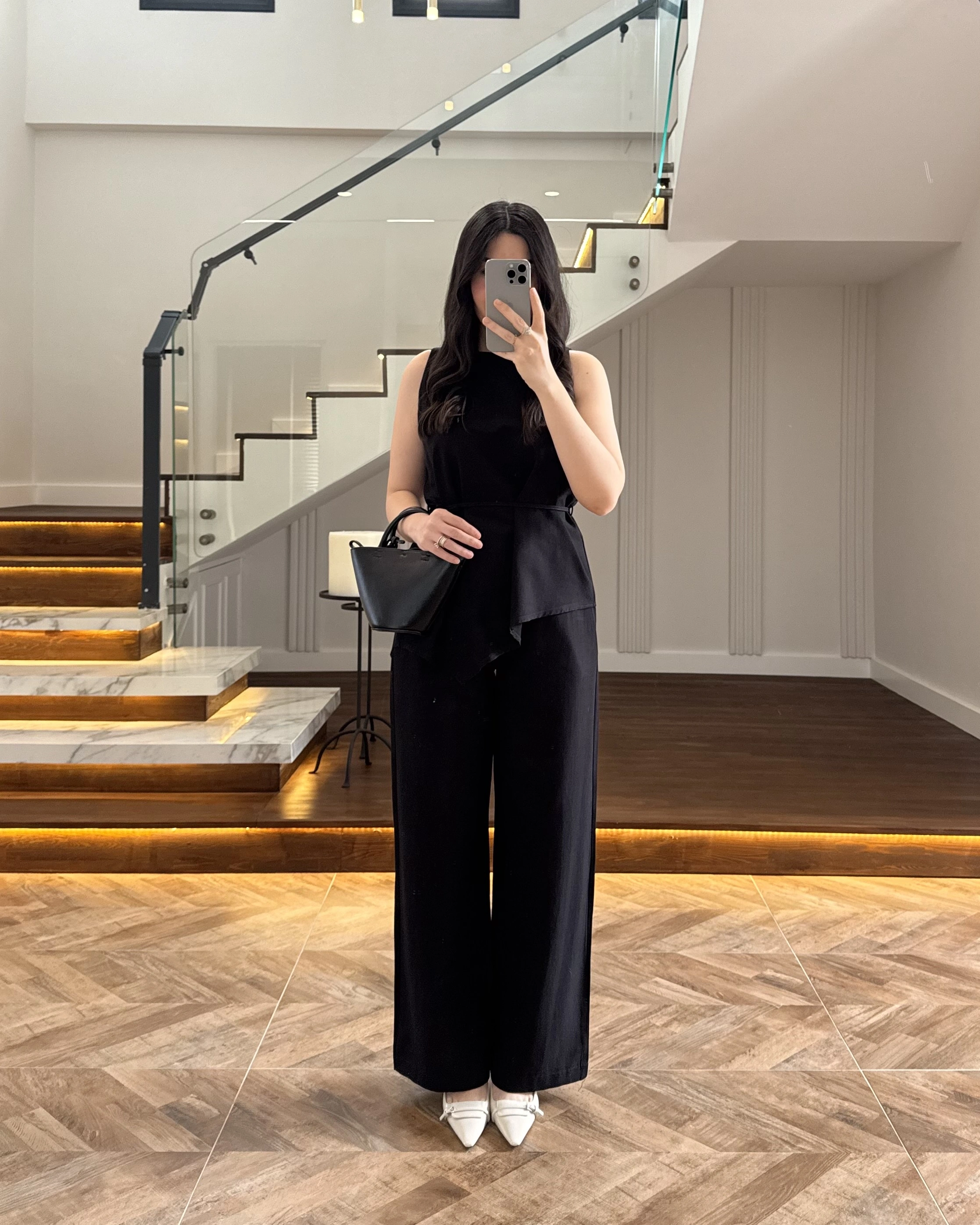 SİYAH ASİMETRİK BLUZ PANTOLON TAKIM-8784