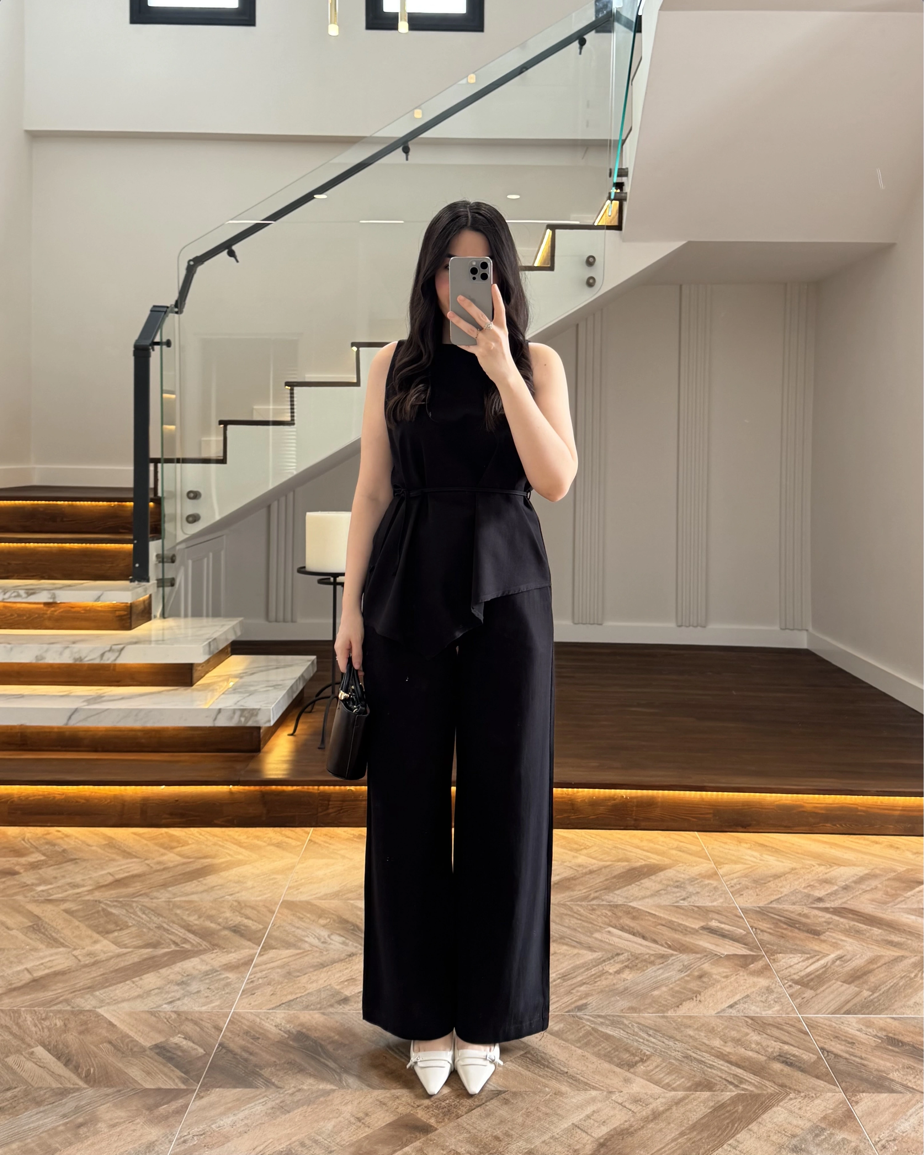 SİYAH ASİMETRİK BLUZ PANTOLON TAKIM-8784
