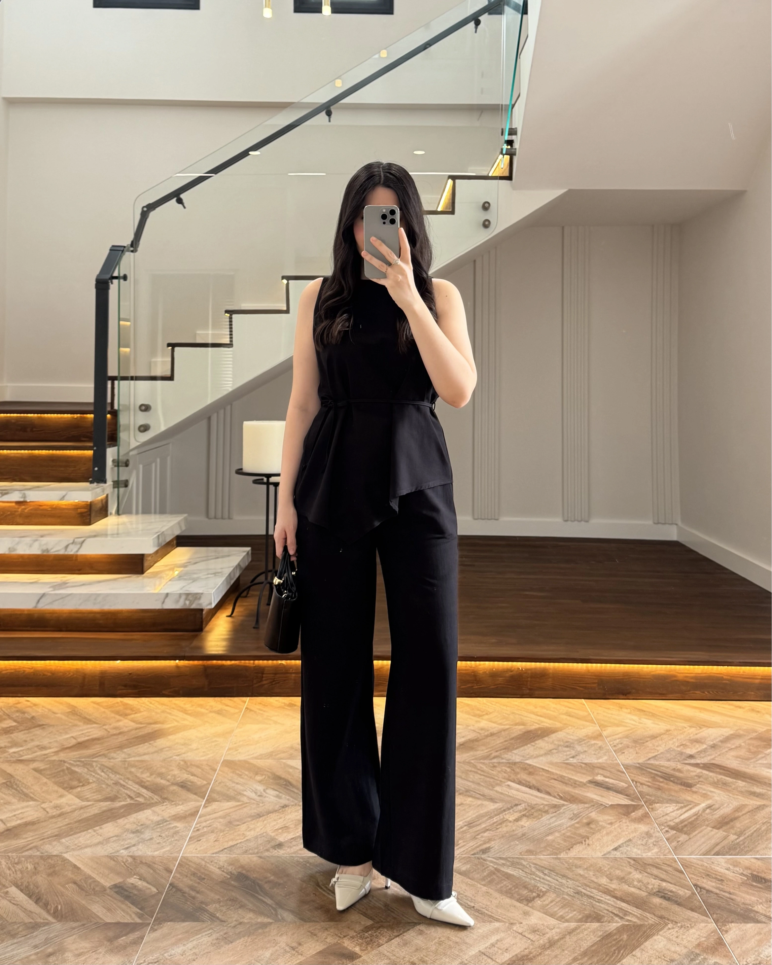 SİYAH ASİMETRİK BLUZ PANTOLON TAKIM-8784