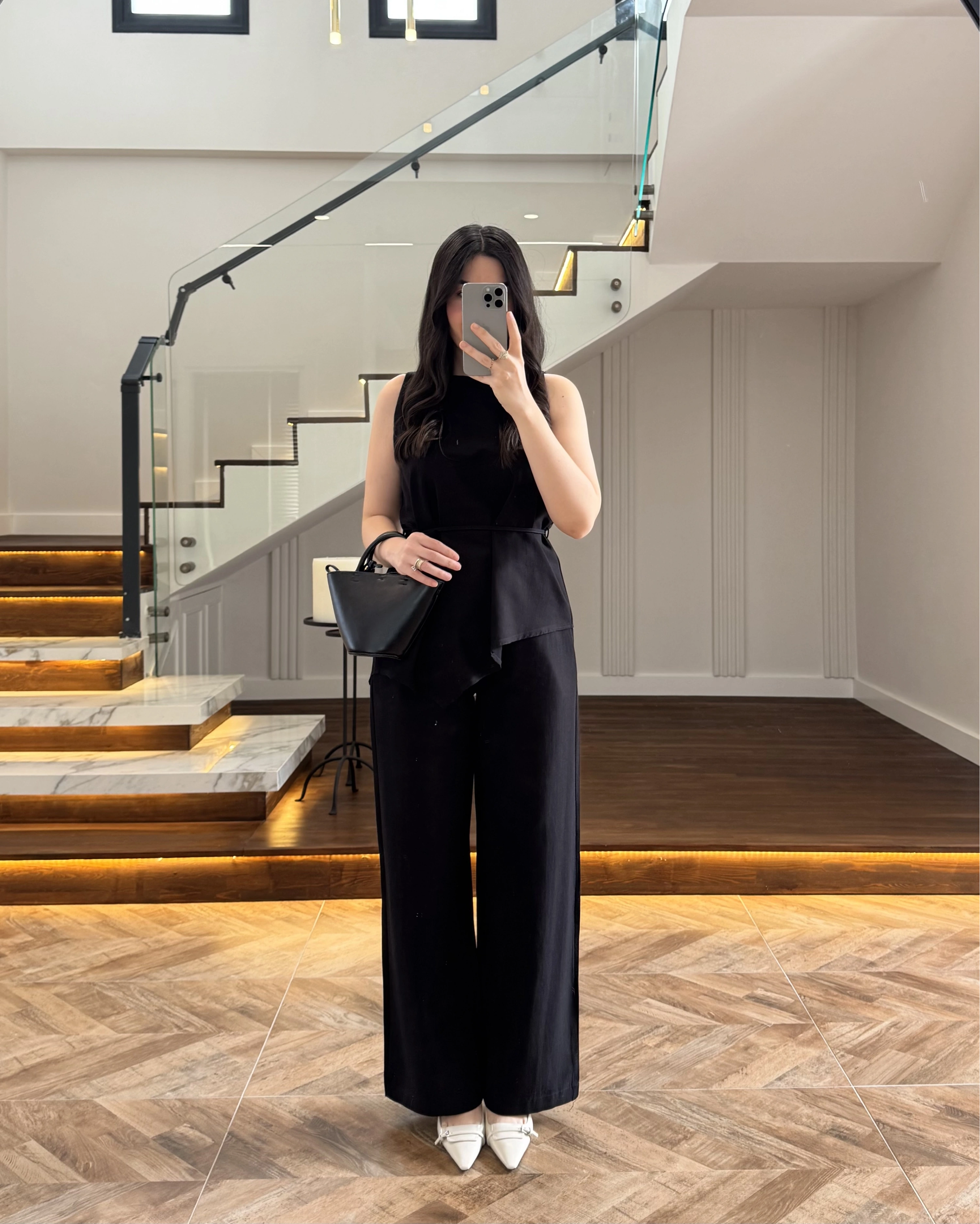 SİYAH ASİMETRİK BLUZ PANTOLON TAKIM-8784
