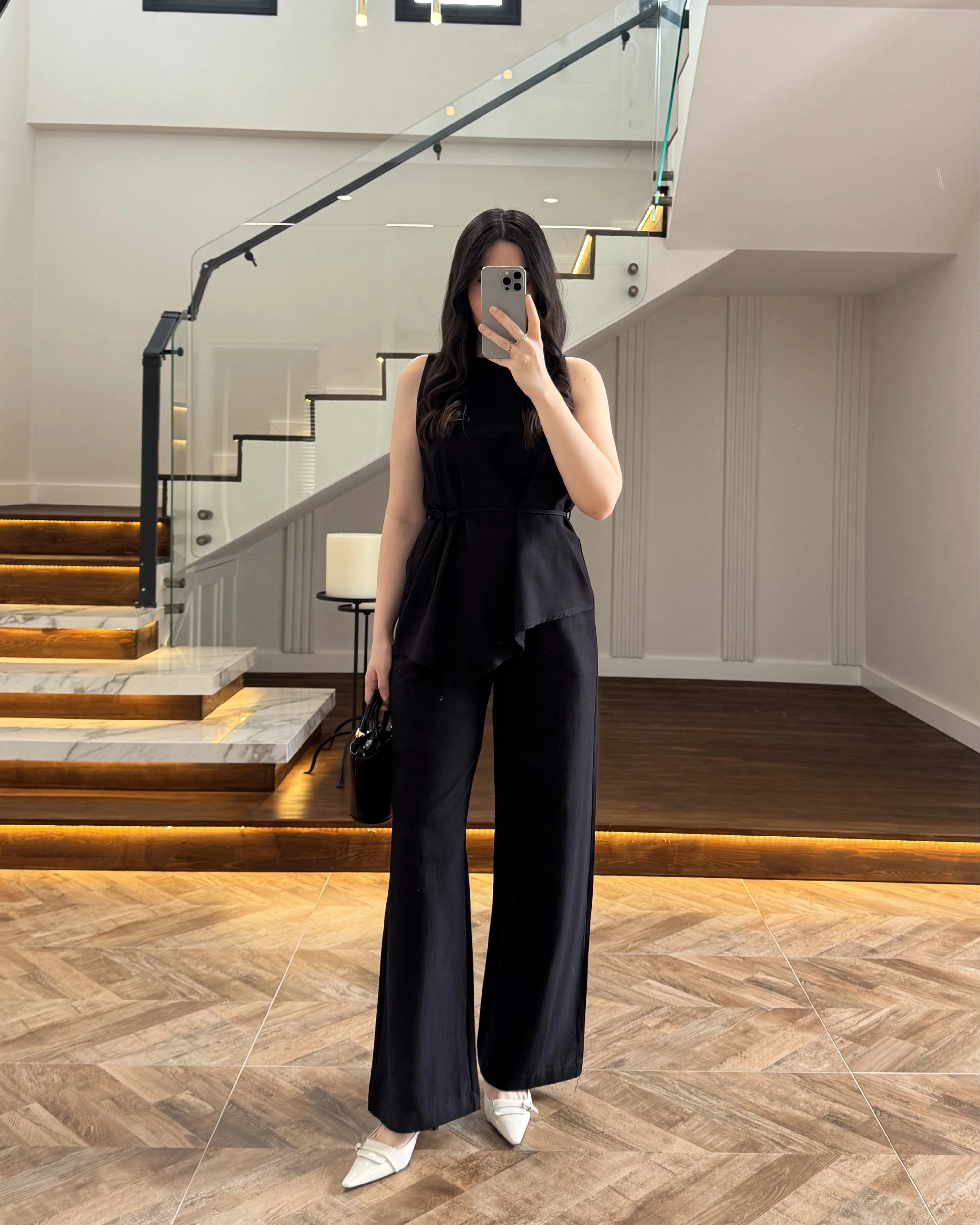 SİYAH ASİMETRİK BLUZ PANTOLON TAKIM-8784