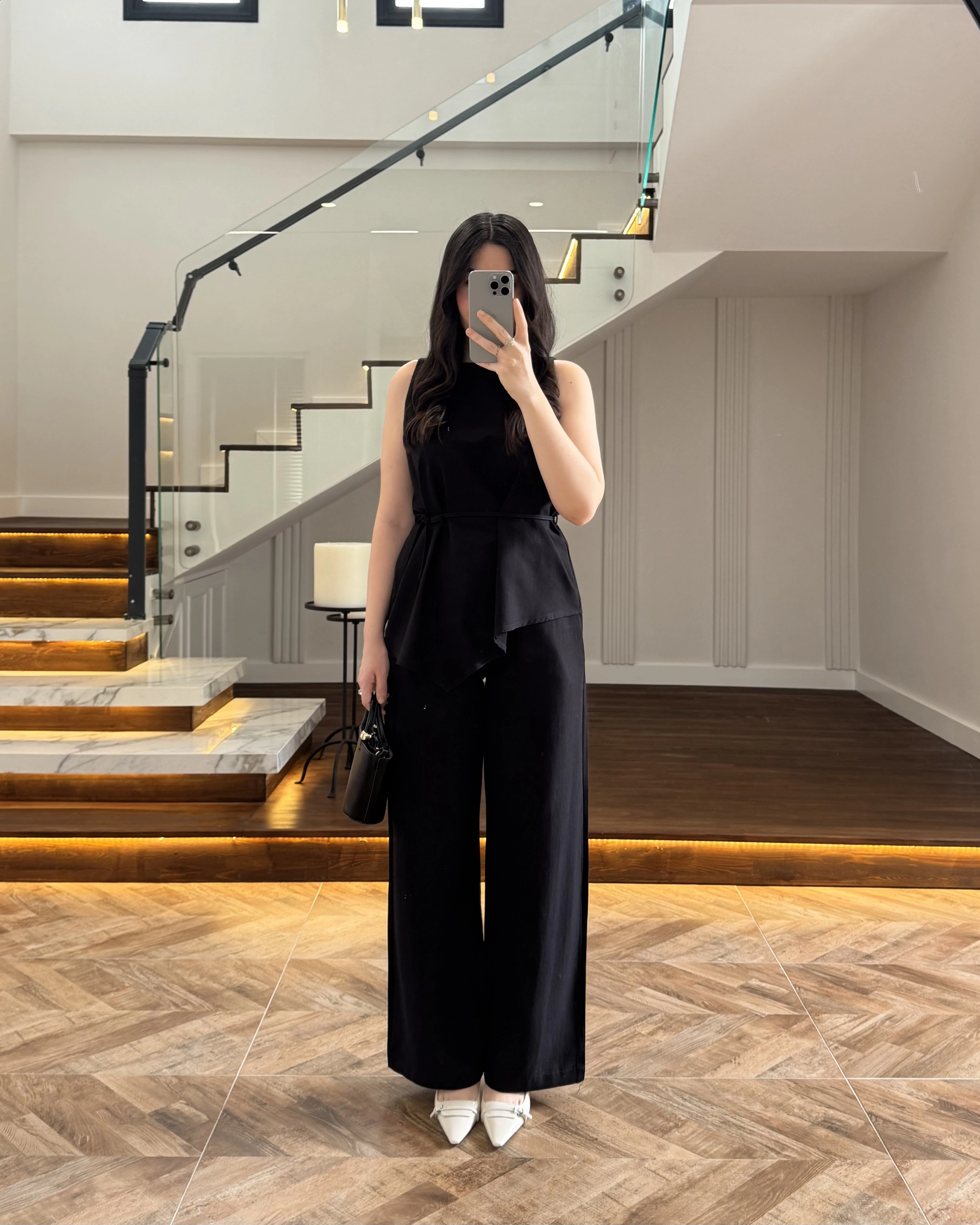 SİYAH ASİMETRİK BLUZ PANTOLON TAKIM-8784
