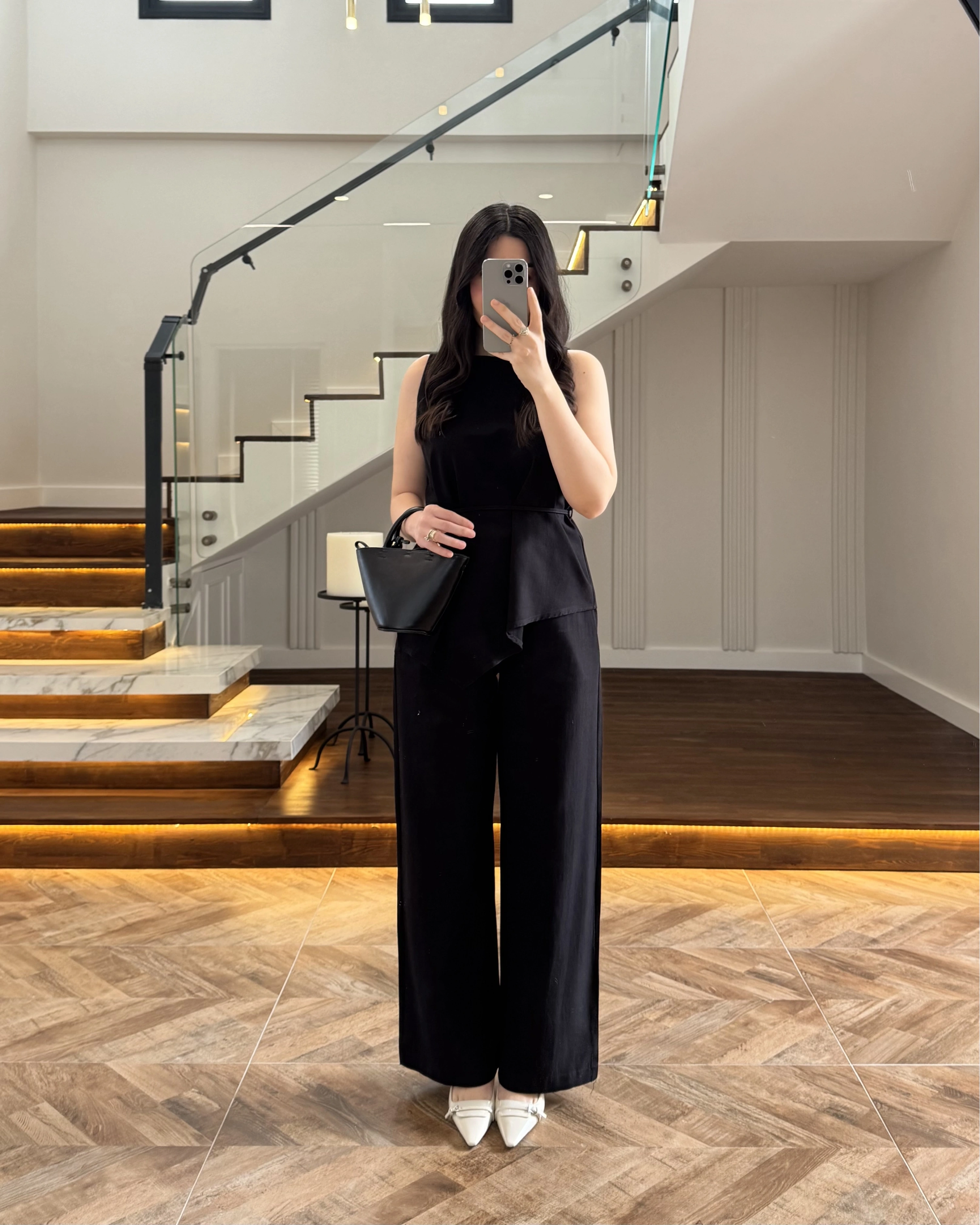 SİYAH ASİMETRİK BLUZ PANTOLON TAKIM-8784