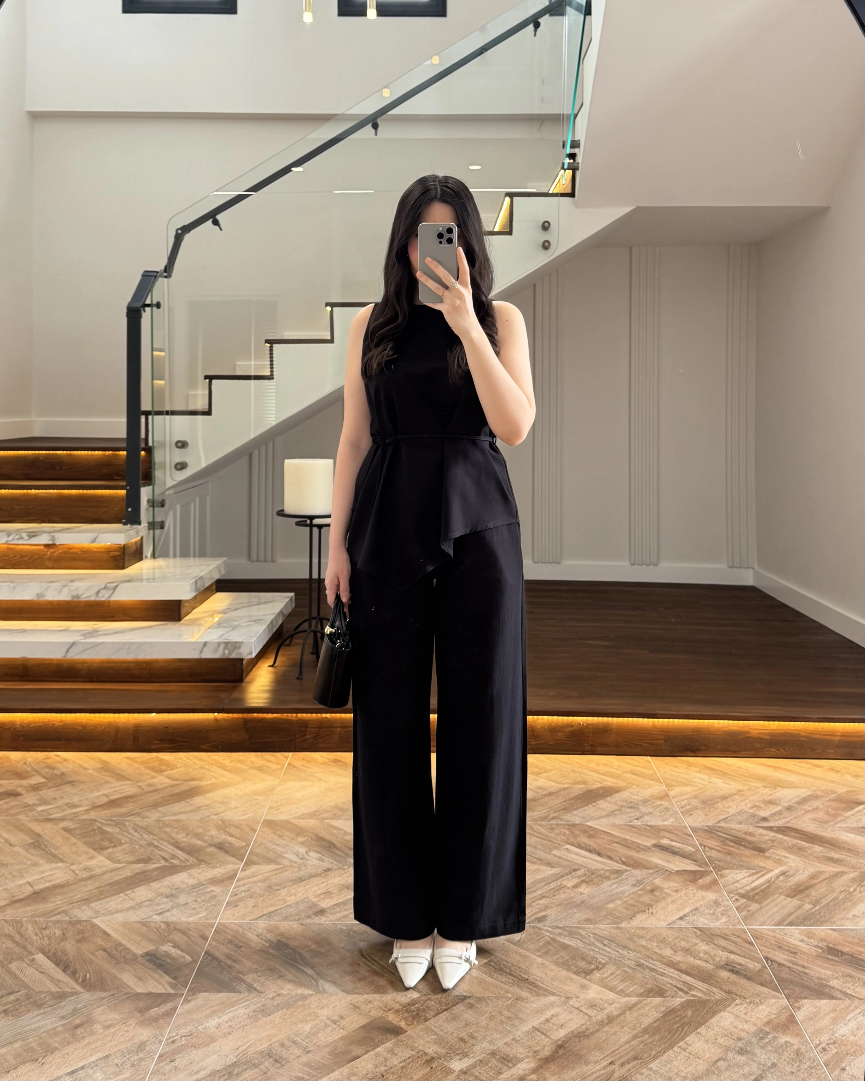 SİYAH ASİMETRİK BLUZ PANTOLON TAKIM-8784