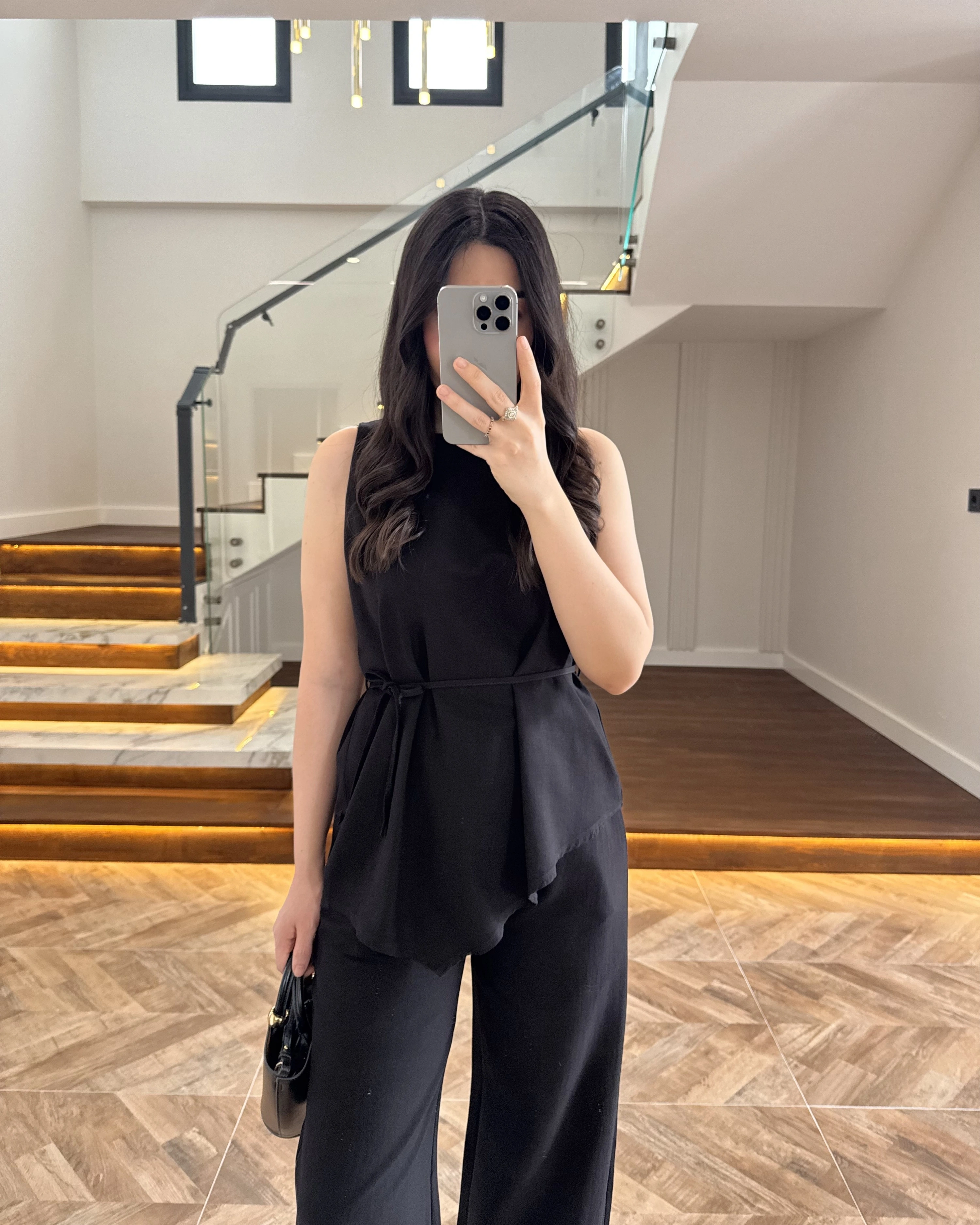 SİYAH ASİMETRİK BLUZ PANTOLON TAKIM-8784