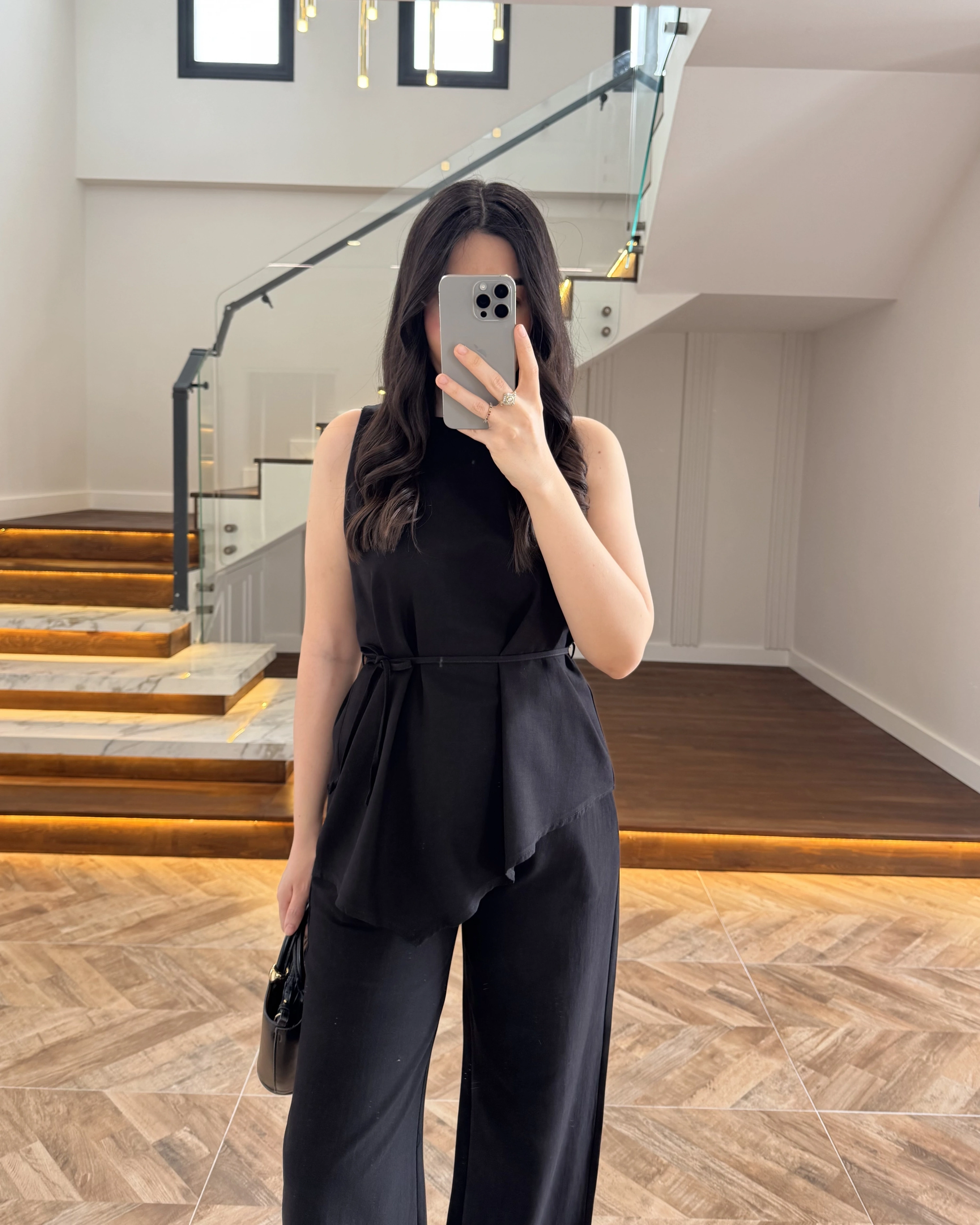 SİYAH ASİMETRİK BLUZ PANTOLON TAKIM-8784